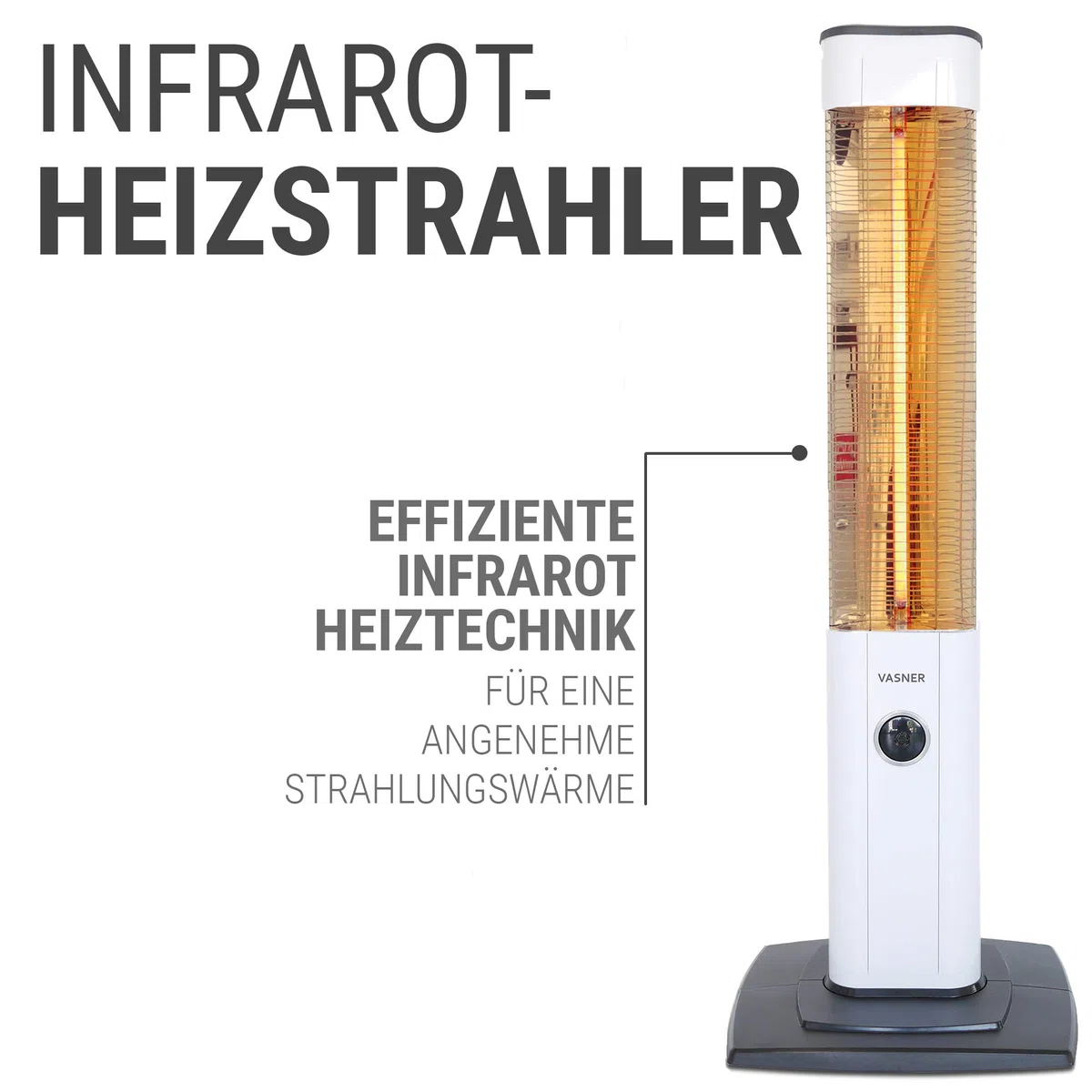 VASNER StandLine 23R – Infrarot Stand-Heizstrahler 2300 Watt 4 Stufen Dimmer Fernbedienung Infrarotstrahler elektrisch Standgerät für wettergeschützte Außenbereiche (Weiß)