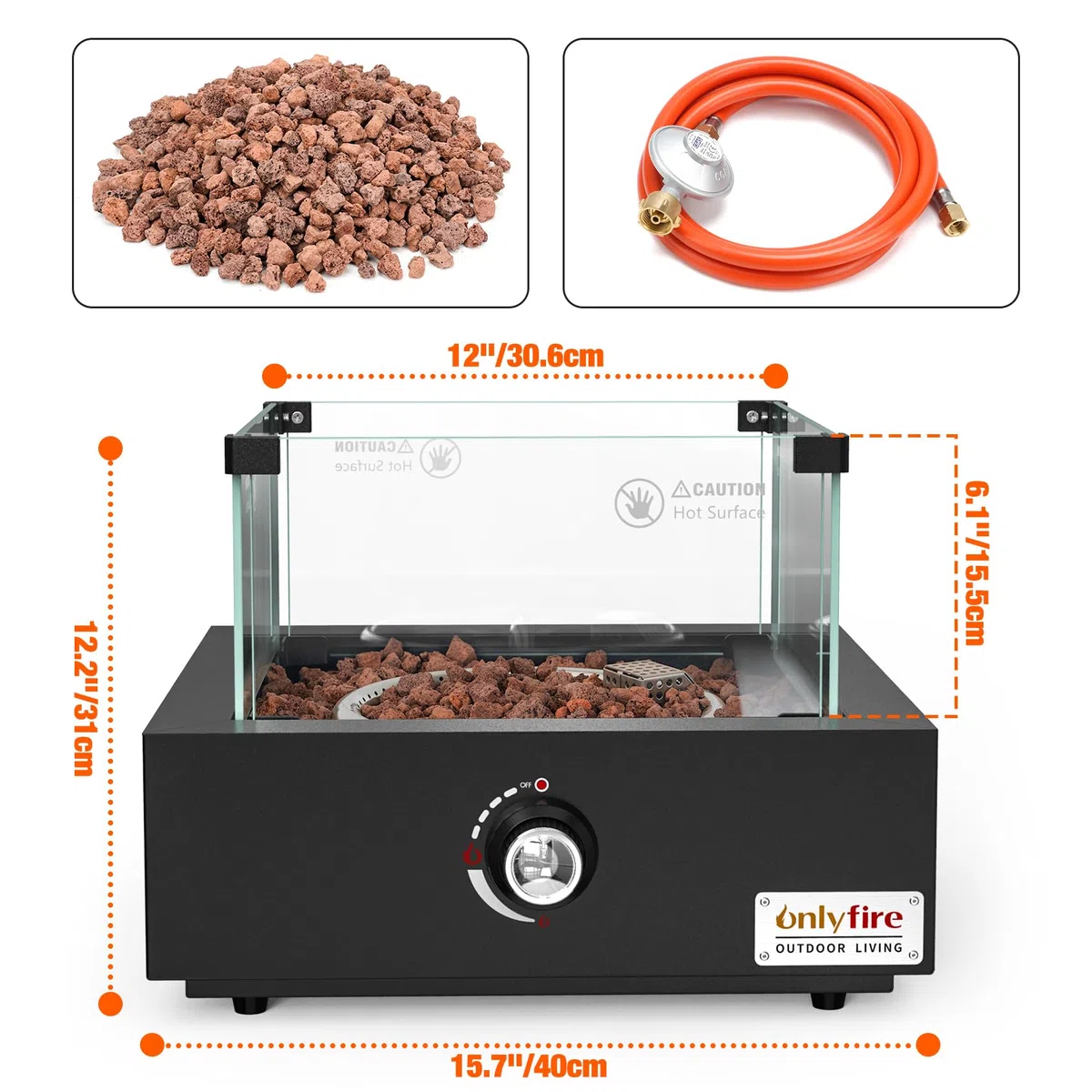 Onlyfire Tisch Gas Feuerstelle, Quadratische Outdoor Feuertisch mit Glaswindschutz, Lavastein und Hinterem Lufteinlass, Multifunktional Tischfeuer für Heizung, BBQ Grill & Ambientebeleuchtungen