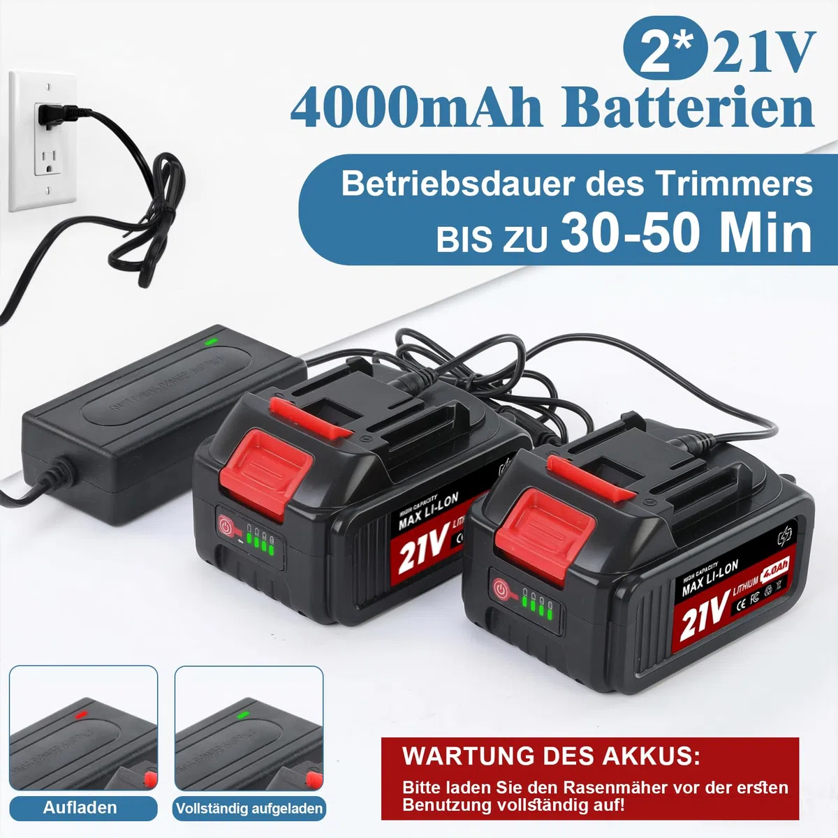 Rasentrimmer mit Akku, Akku Rasentrimmer für Makita-Akkus mit 5 Klingentypen und 2X4.0Ah Akku, 21V Bürstenlose Rasentrimmer mit Unkrautbürste, 5 in 1 Akku Freischneider für Garden Trimmen, Blau