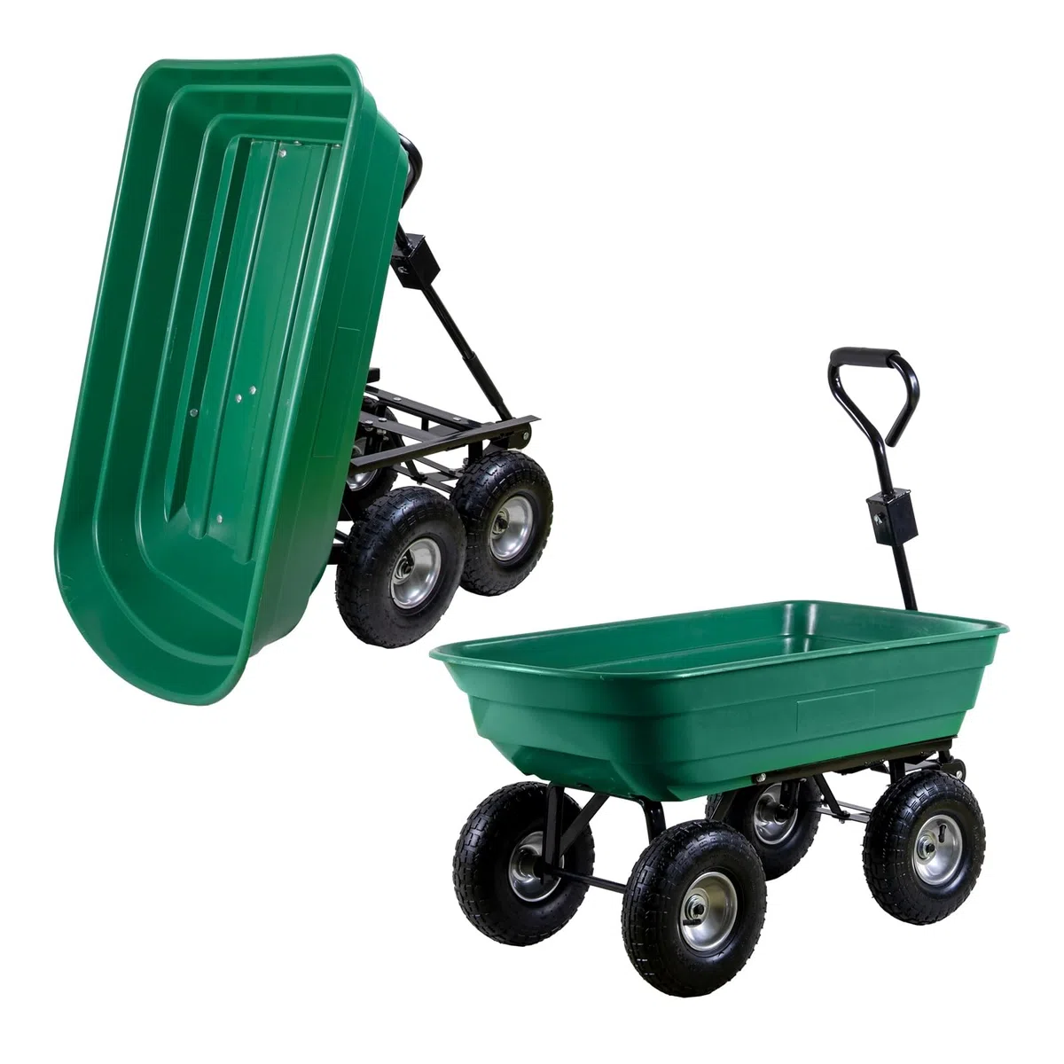 Gartenwagen mit Kippfunktion 75 Liter Kunststoffwanne Handwagen Kippwagen belastbar bis 300 kg Lenkachse Luftbereifung auf Stahlfelge Abnehmbarer Griff | Bollerwagen Transportwagen Gartenkarre Dumper