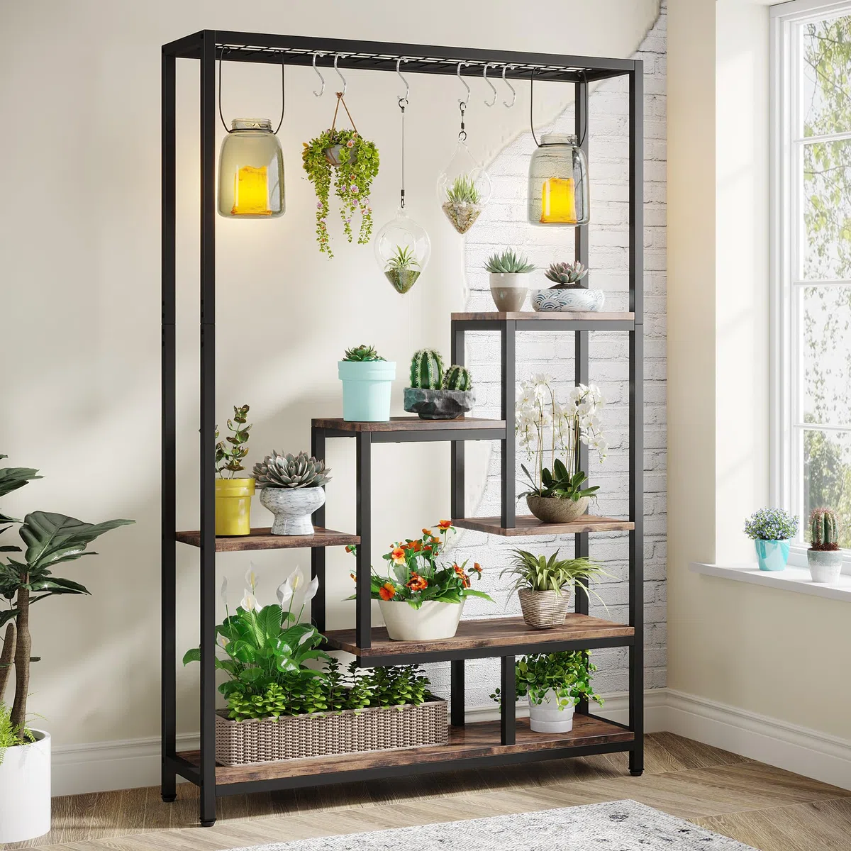 Tribesigns Pflanzenständer Blumenständer indoor 5 Etagen Pflanzenregal mit 10 S-Haken, 180 cm Blumenregal Metall für Balkon Deko Garten Blumentreppe Wohzimmer (Braun)