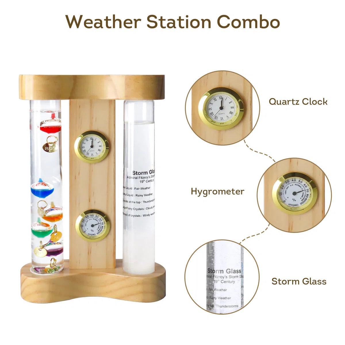 Lily's Home Analog Wetterstation mit Galileo-Thermometer, Präzisions-Quarzuhr & Hygrometer, Fitzroy Sturmglas, Geschenk für Freunde und Familie, Dekoration (17,8 x)