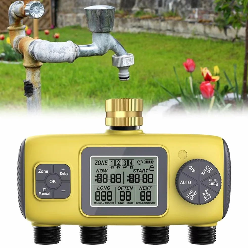 Automatischer 4-Wege-Gartenbewässerungs-Timer, für BSP 1,9 cm Gewindebewässerungsregler mit LCD-Display, Pflanzenpflege im Freien