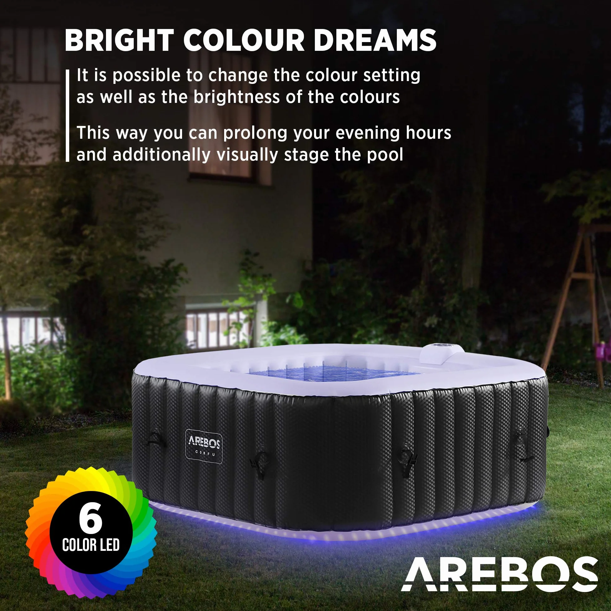 Arebos Whirlpool | 154 x 154 cm | mit LED-Beleuchtung | aufblasbar | quadratisch | In- & Outdoor | 4 Personen | 100 Massagedüsen | mit Heizung | 600 L | Inkl. Abdeckung | Bubble Spa & Wellness Massage