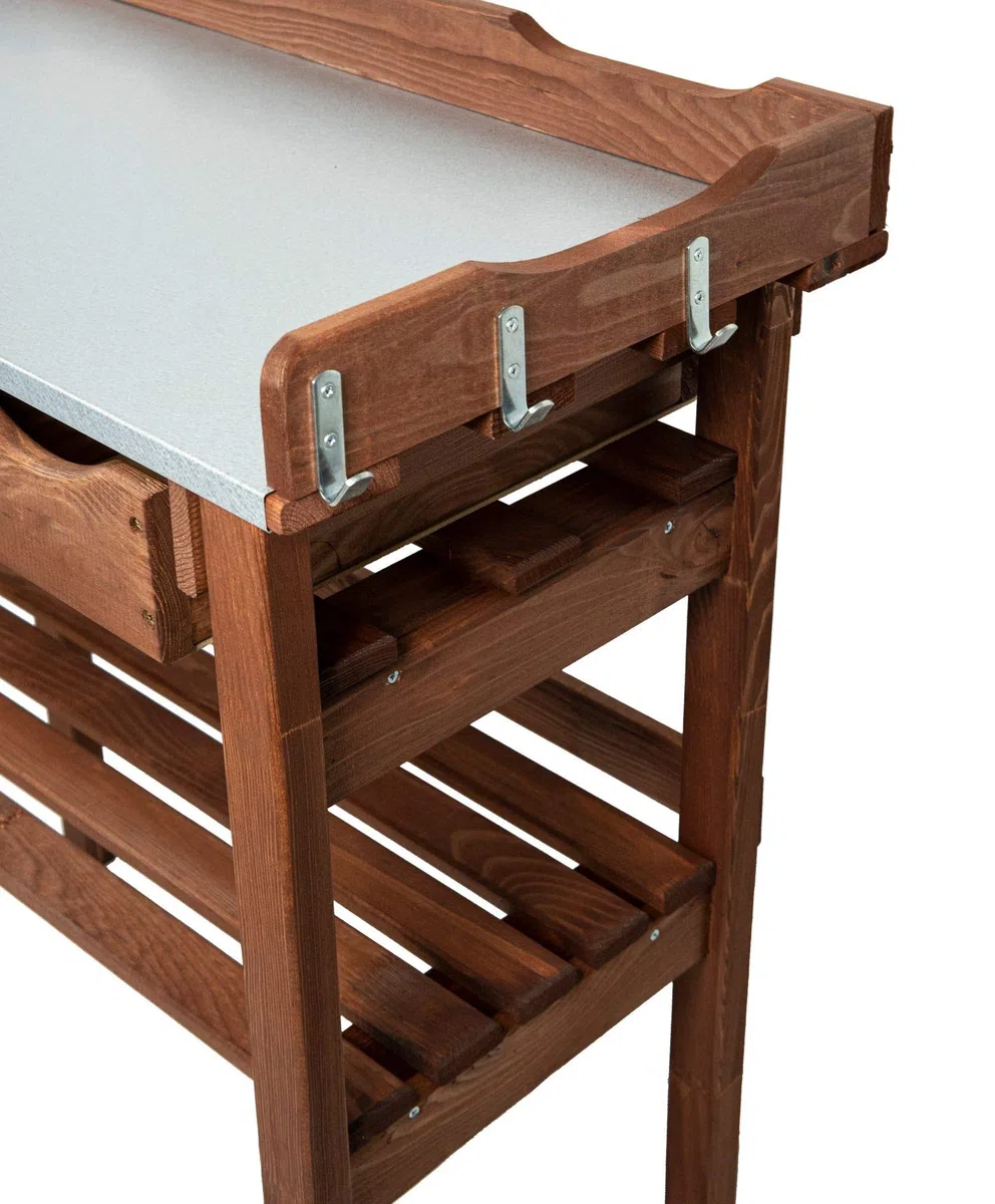 mgc24 Pflanztisch Dunkelbraun, 78x38x82 cm, Kiefernholz, mit 3 Schubladen | Verzinkte Arbeitsplatte, Mit Abstellboden & 3 Haken, Für Garten/Balkon/Terrasse, einfache Montage & rückenschonendes Arbeiten