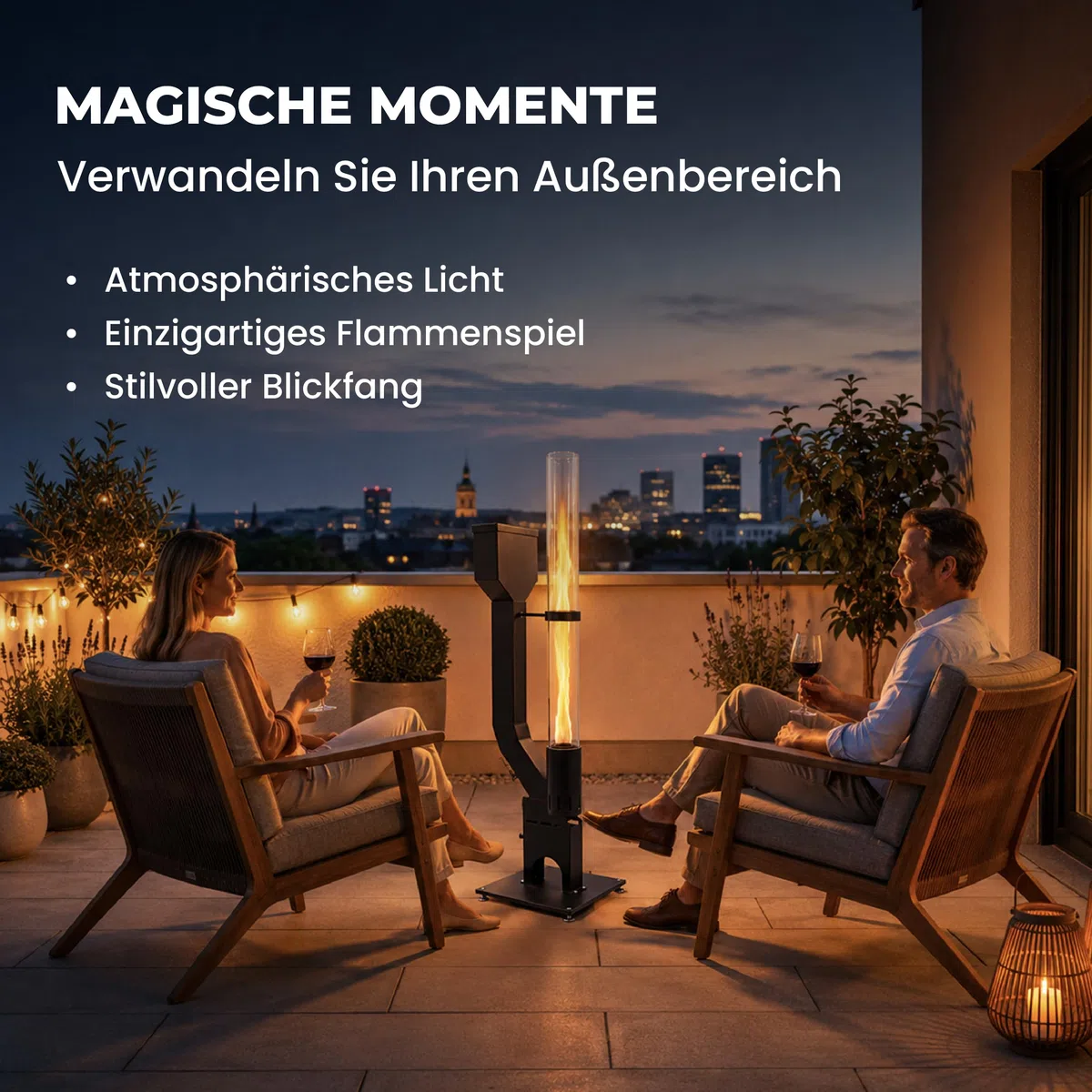Lemodo Pelletfackel Prime XL, Feuersäule Outdoor mit Glasröhre, für Garten & Terrasse, für Holzpellets, stimmungsvolle Flamme, stilvoller Blickfang für gemütliche Abende (Prime XL)