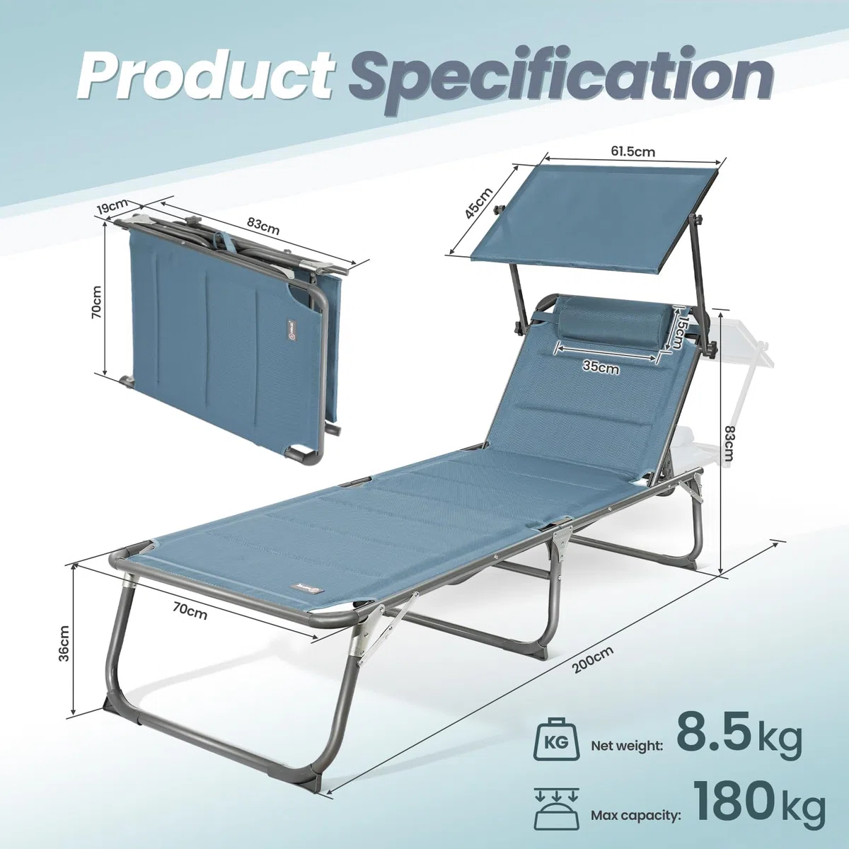 Homecall Sonnenliege mit Dach, schnell trocknender Schaumstoff, XXL, 200 x 70 cm - (Blau)