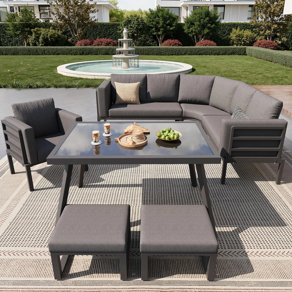 Mrwoo Halbmond Sofaset für 8 Personen mit Glastisch, 1 Sessel & 2 Hocker, Wetterfeste Gartenmöbel aus Eisengestell mit grauen Polstern für Terrasse & Balkon (Grau)