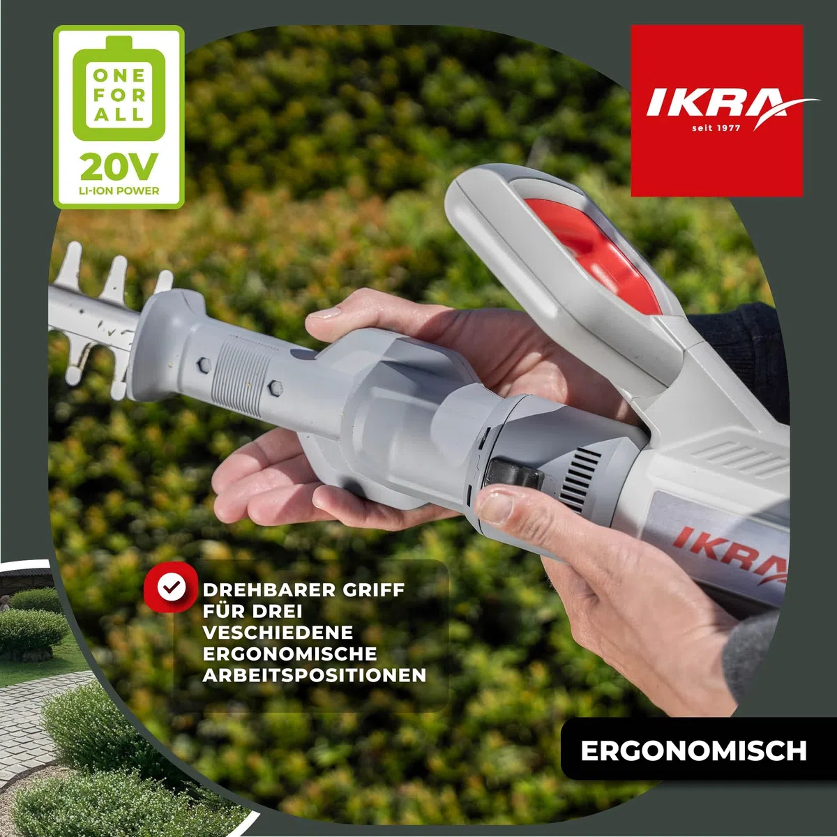 IKRA 2in1 Teleskop Heckenschere ICPH 2050, inkl 2 Akkus & Schnelllader | Einsetzbar für normale Hecken oder mit Teleskopierung für hohe Hecken, inkl. Schultergurt, 20 Volt Akku-Familie von IKRA
