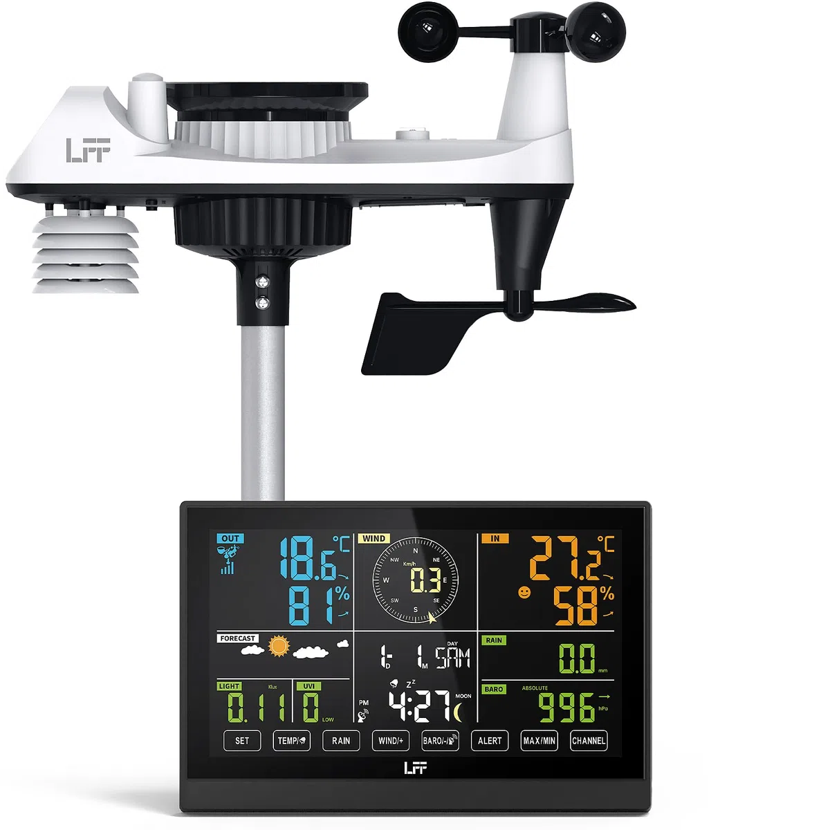 LFF 7-In-1 Wetterstation Funk mit Außensensor, 7,5-Zoll-Display Funkwetterstation mit DCF-Funkuhr, Wetterstation mit 4-Stufen Hintergrundbeleuchtung, UV-Index,Windmesser, Regenmesser, Wettervorhersage