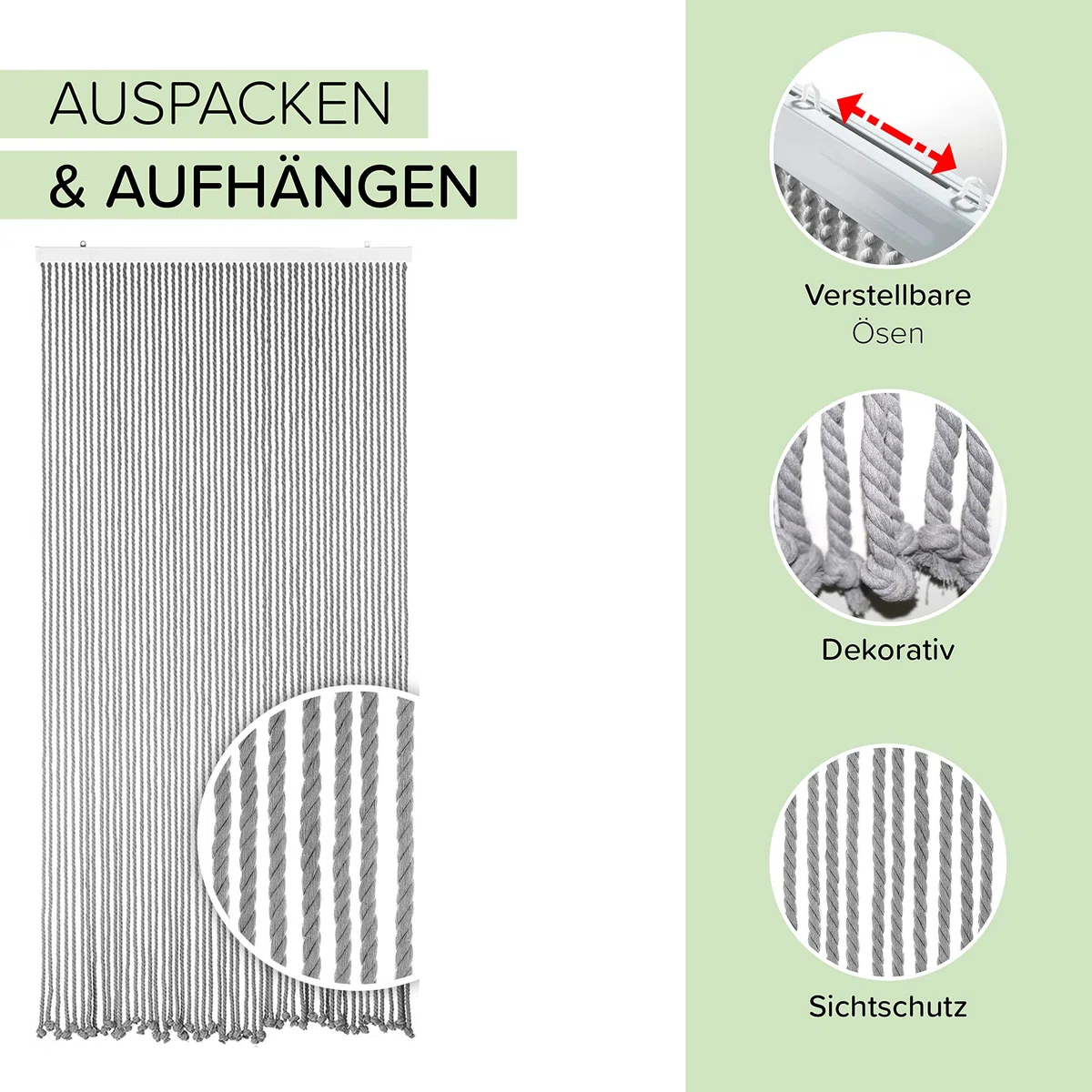 Kobolo Seilvorhang Grey, 90x195/200 cm, 54 Stränge, Grauer Türvorhang aus Baumwollseil, dekorativer Fliegenvorhang, Raumteiler oder Türdeko für den Innenbereich