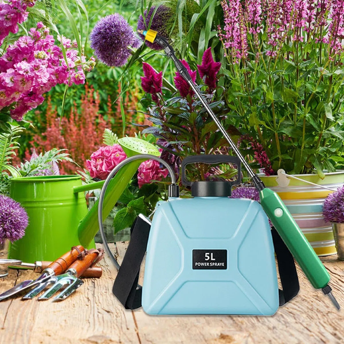 Elektrisches Sprühgerät 3 Düsen Reinigungs-Zerstäuber | 5 Liter Gartenspritze Mit Schultergurt Und Teleskoplanze Für Pflanzenpflege Pool Boden Fenster Auto-Detailing Hof Rasen