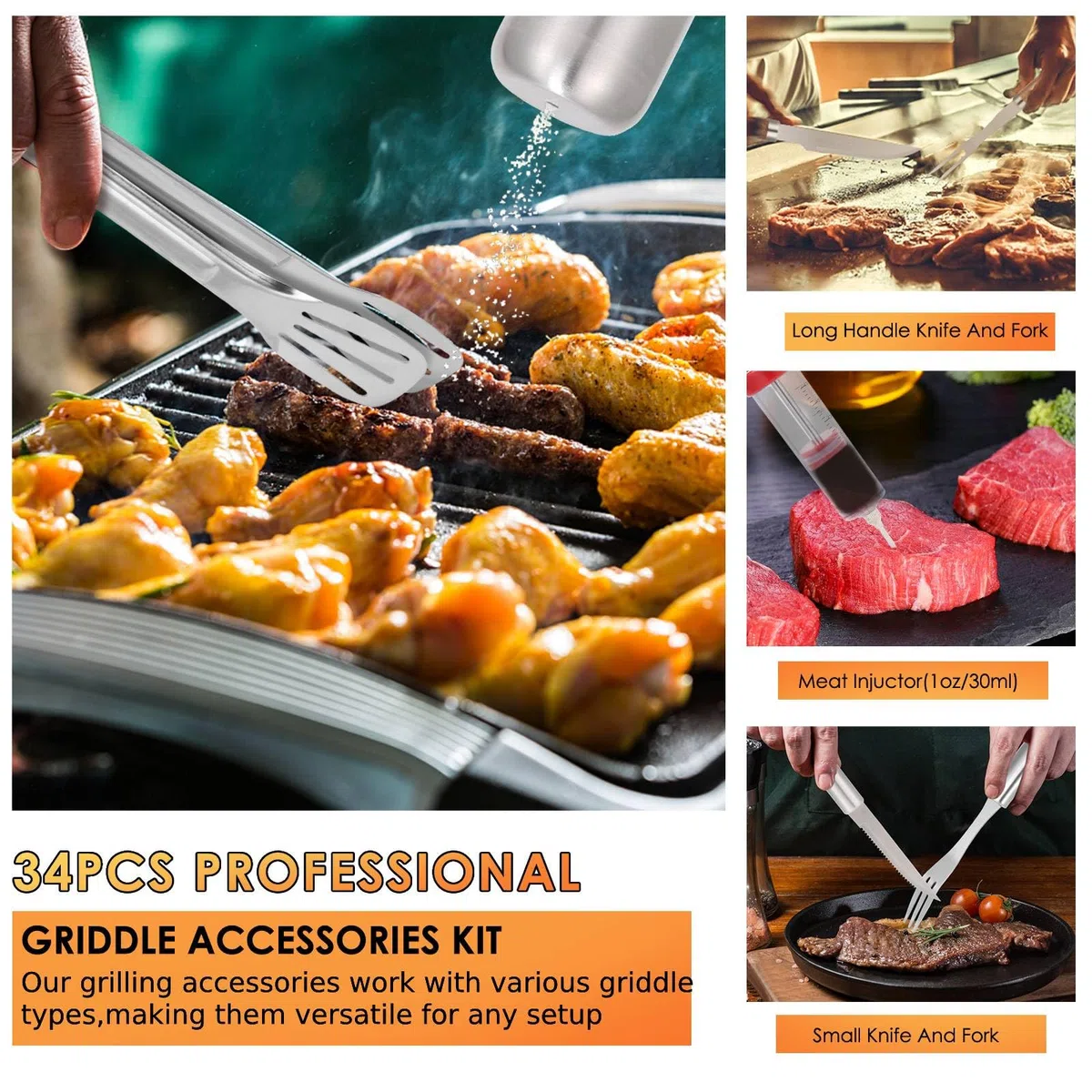 Yoehka Grillzubehör-Set, 34-teilig, robuste Grillwerkzeuge Werkzeug für Outdoor-Camping, Grillgeschenke Männergeschenke, Edelstahl-Grillutensilien-Set mit Matten und Handschuh in Tragetasche, Braun