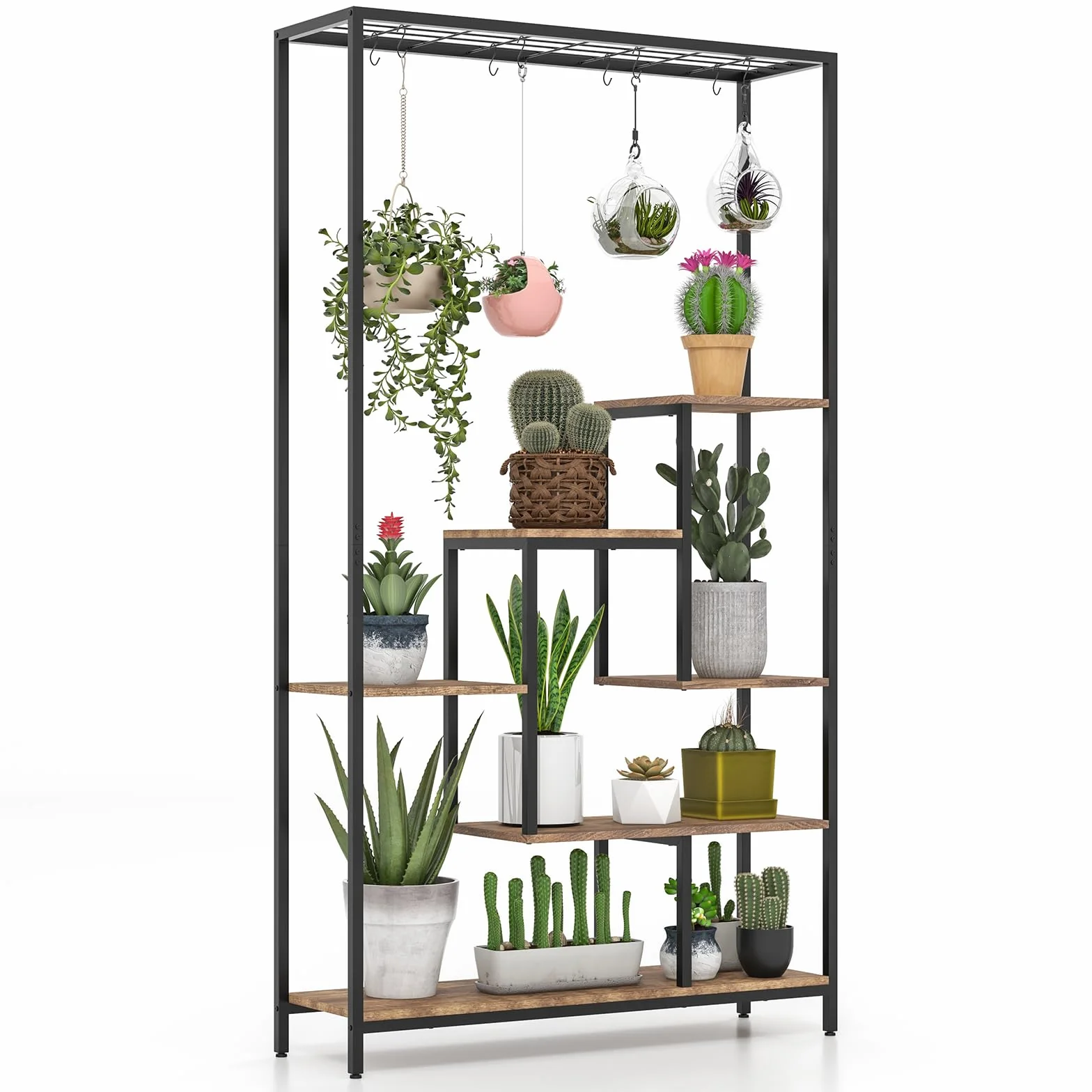 GOPLUS 6 Etagen Pflanzenständer, Pflanzenregal mit Hängeregal & 10 S-Haken, Blumenregal Blumenständer Blumentreppe für Wohnzimmer & Balkon, 100 x 30 x 180 cm (Rustikales Braun)