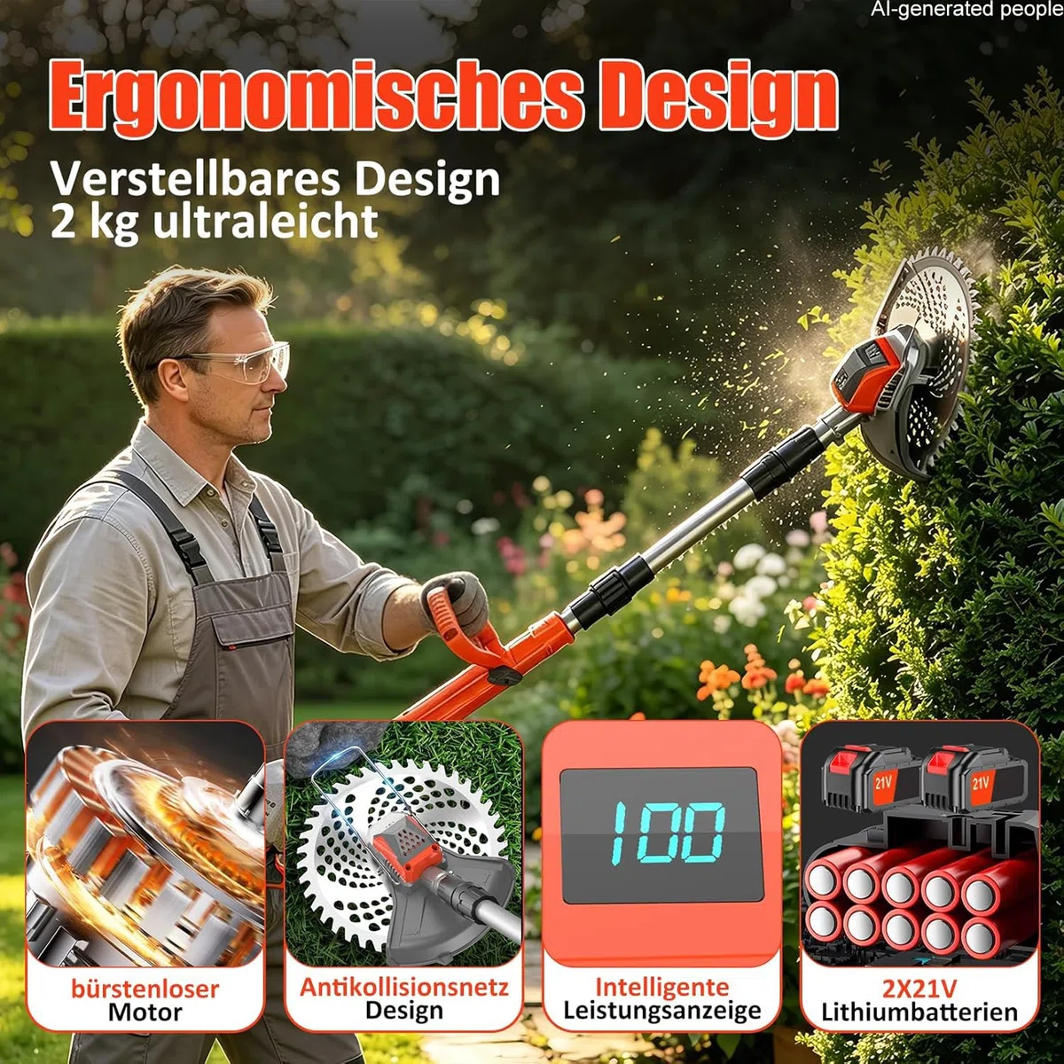21V Rasentrimmer mit Akku, 3 in 1 Rasenkantenschneider mit Unkrautbürste, Faltbar Elektrischer Motorsense, Freischneider mit 3 Verschiedenen Klingen für Rasenschneiden Rasenpflege (Rot-1)