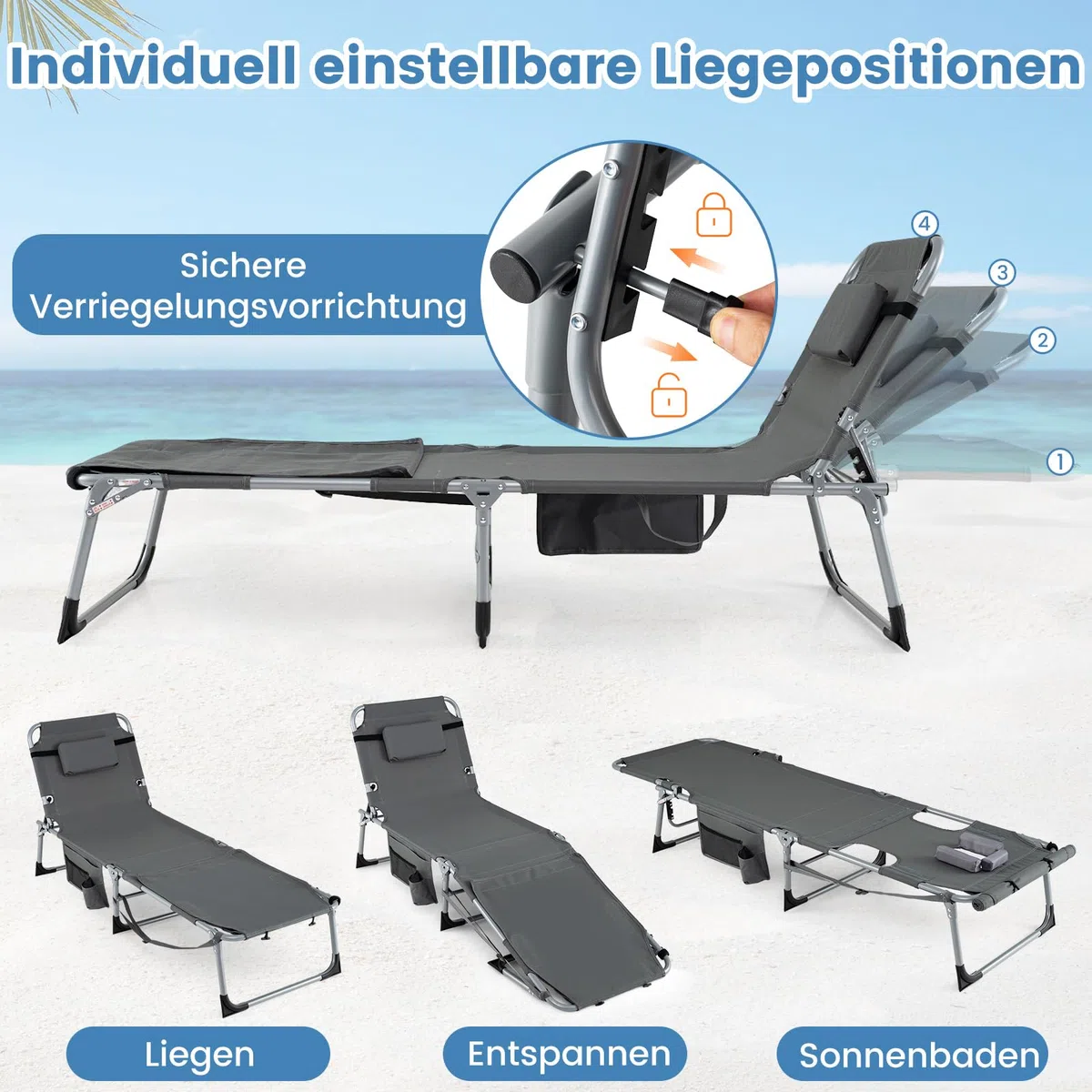 COSTWAY Sonnenliege mit Loch für Kopf und Arme, Faltbare Gartenliege mit Verstellbarer Rückenlehne und Fußteil, abnehmbarem Kissen, Seitentasche, Liegestuhl für Strand, Garten, Balkon (Grau)