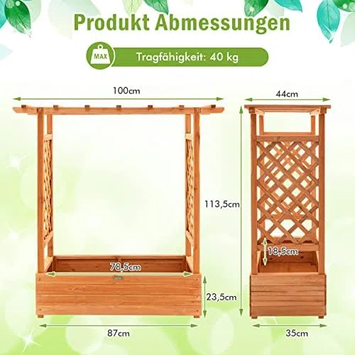 FANTASK Hochbeet mit Rankgitter & hängendem Dach, Pflanzkasten mit Rankhilfe, Blumenkasten für Kletterpflanzen & hängende Körbe 110 x 44 x113.5cm, Orange