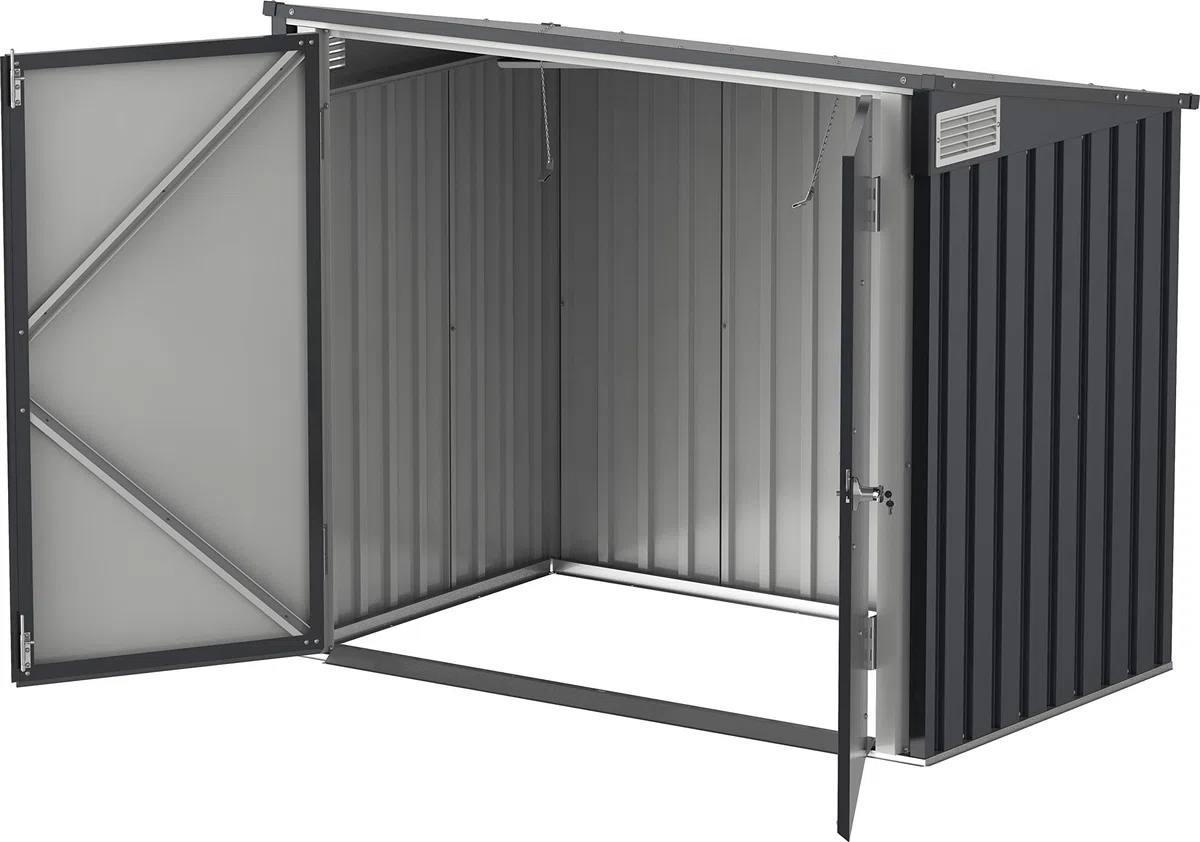 Duramax Mülltonnenbox für 2, Unterstand für 2 Mülltonnen mit Öffnung von oben und abschließbaren Doppeltüren, Lagerunterstand aus Metall, Verstecke für rollende Mülltonnen, Anthrazit