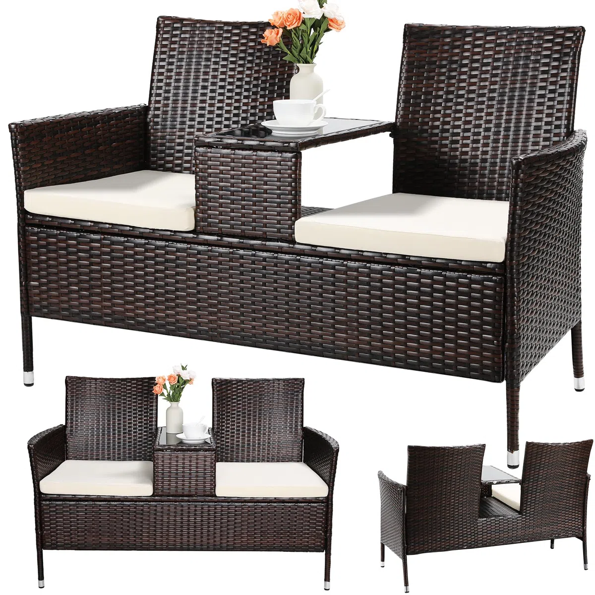 TLSUNNY Wetterfest Polyrattan Gartenbank, 2-Sitzer Gartenmöbel Set mit Integriertem Tisch, 2PCS Sitzkissen, Rattan Balkonmöbel, Bequem und Atmungsaktiv, 120X54X83cm, Groß Balkonmöbel Set, Braun