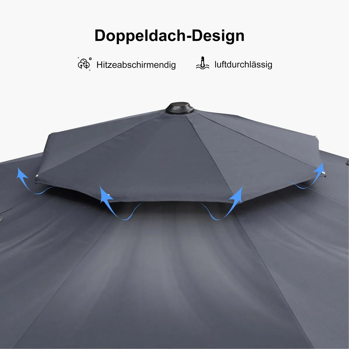 PURPLE LEAF Ampelschirm Rund 330 cm mit Ständer, Bespannung Polyester, Grau | 6-fach Verstellbar, Sanfte 360°-Drehung, Schirmständer, Doppeldach-Belüftung, Stabiler Rostfreier Alurahmen, Ampelschirm