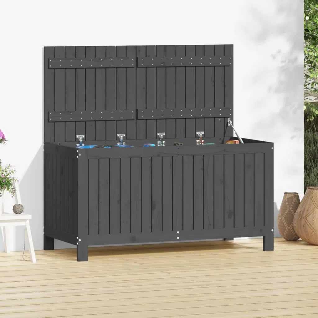 Gartentruhe aus massivem Kiefernholz Grau 121x55x64 cm mit Gasdruckfeder und Belüftungslatten, große Aufbewahrungsbox für Gartenzubehör und Haushaltsgegenstände, wetterfeste