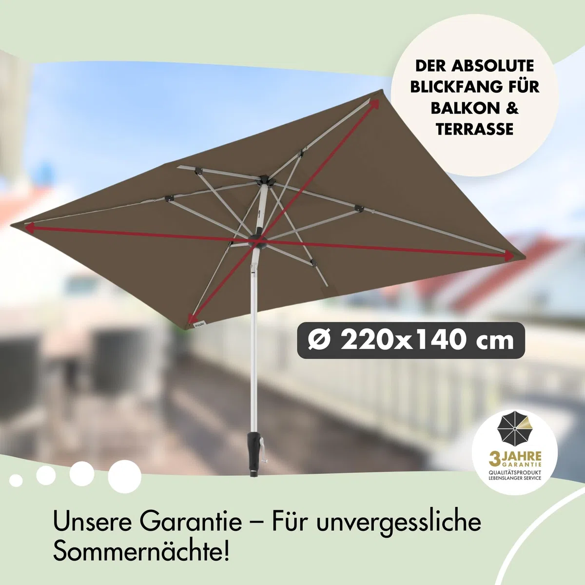 Doppler Sonnenschirm für den Garten SL-AZ Auto Tilt 220x140 cm Natur I Gartenschirm knickbar I Kurbelschirm mit UV-Schutz 80+ I Kurbelschirm aus Aluminium I regenabweisendes Polyester-Schirmdach