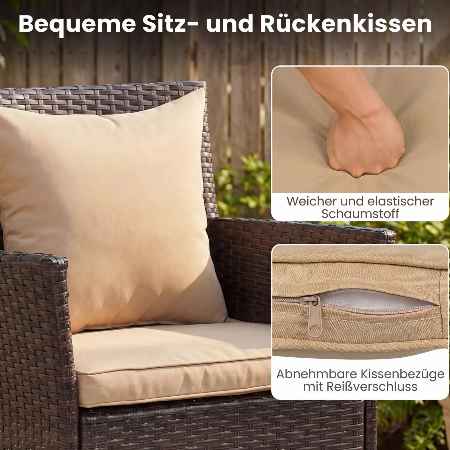 COSTWAY Rattan Gartenmöbel Set, Balkonmöbel Kleiner Balkon, Balkon Möbel mit 2 Sessel, Glastisch und Kissen, Gartenlounge 2 Personen, Sitzgruppe für Garten, Veranda, Poolbereich (Mix Braun+Beige)