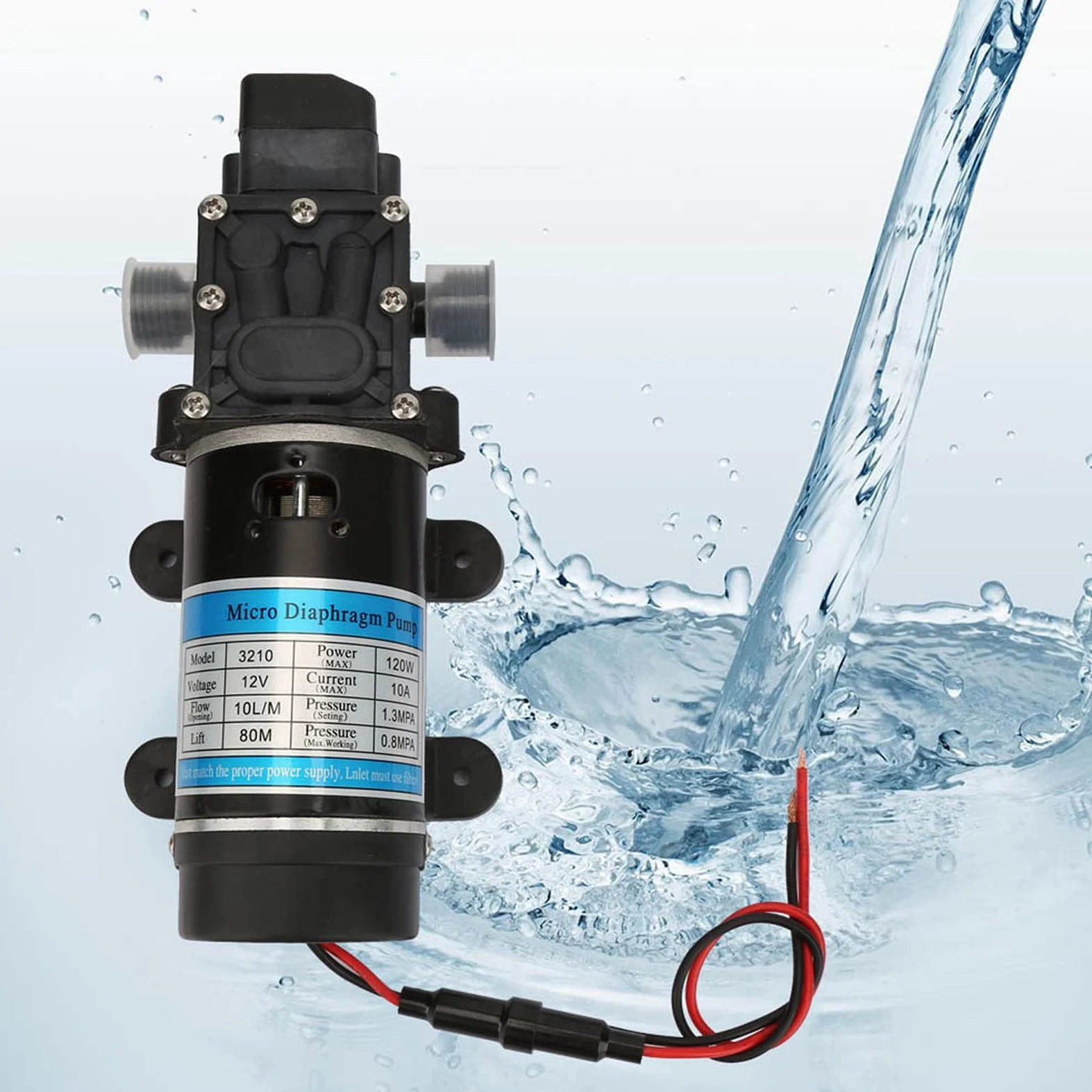 Hochdruck Wasserpumpe Druckwasserpumpe 120W 10L/m 12V/24V Elektrische Selbstansaugende Membranpumpe für Hochdruckreiniger Bewässerungssysteme (12V 3210YD-12-120FS)