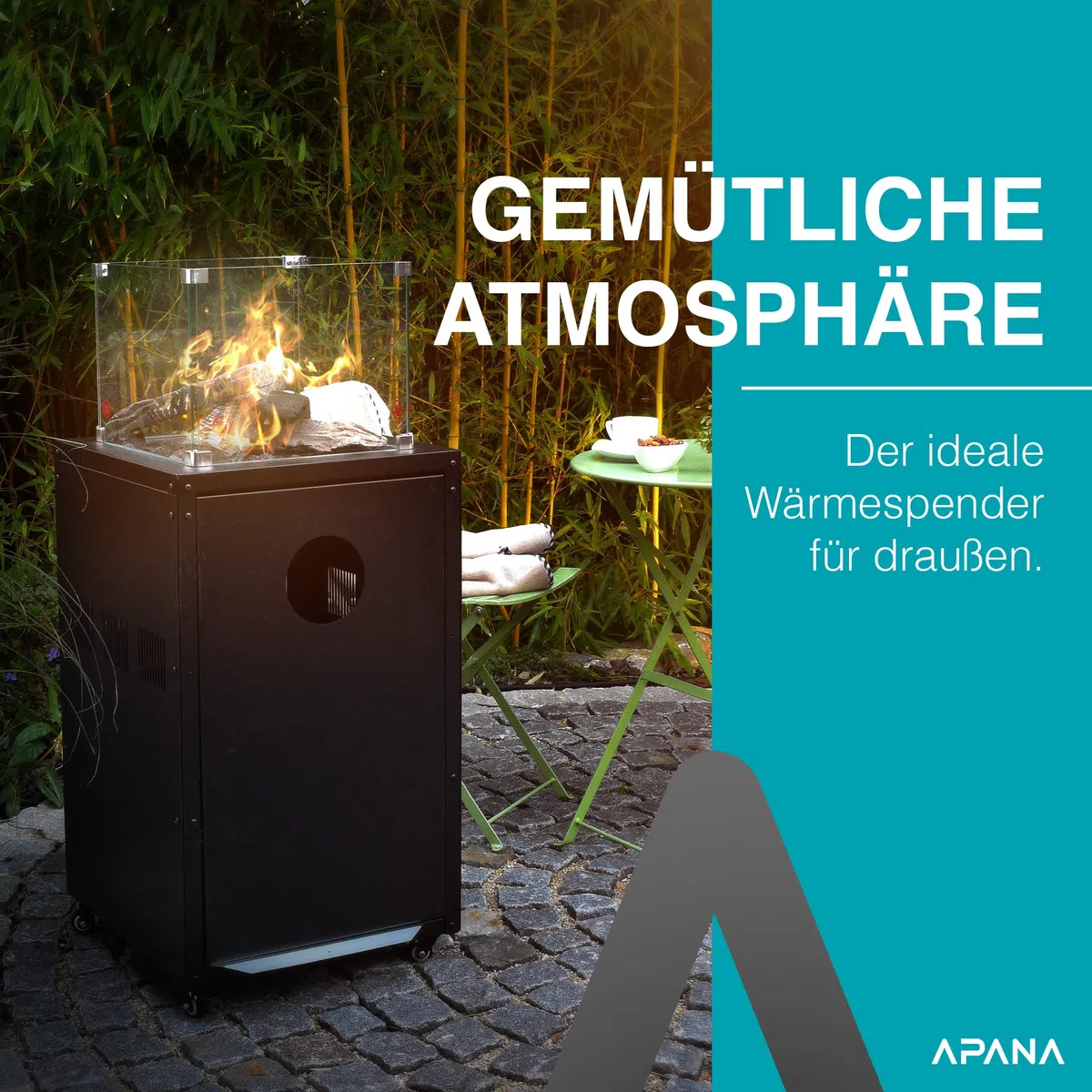 APANA Gas Heizstrahler FUEGO 8kW – Terrassenfeuer mit Sichtfenster & Rollen – Heizpilz für Garten, Balkon & Terrasse – inkl. Abdeckhaube, Umkippsicherung & Abschaltautomatik – anthrazit