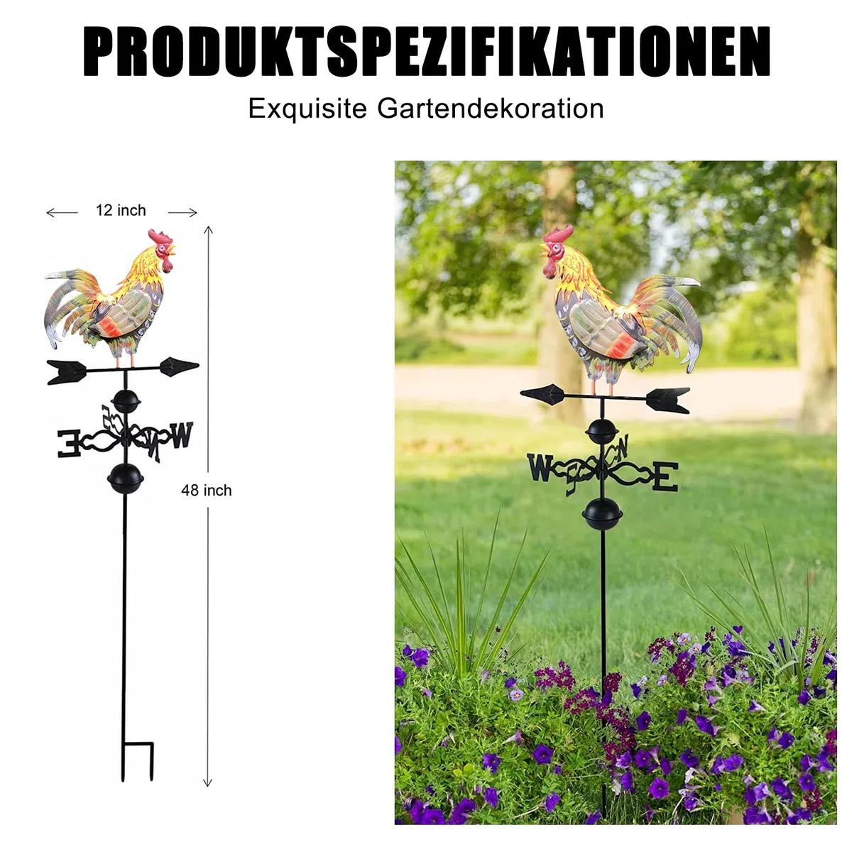 SYFUNLV Metall-Hahn Wind Vane,bunt Hahn-Wetterfahne,35×130cm Metall Windanzeige Hahn Form Dekoration für Garten Hinterhof Wind Direction Indicator und Roof Decoration