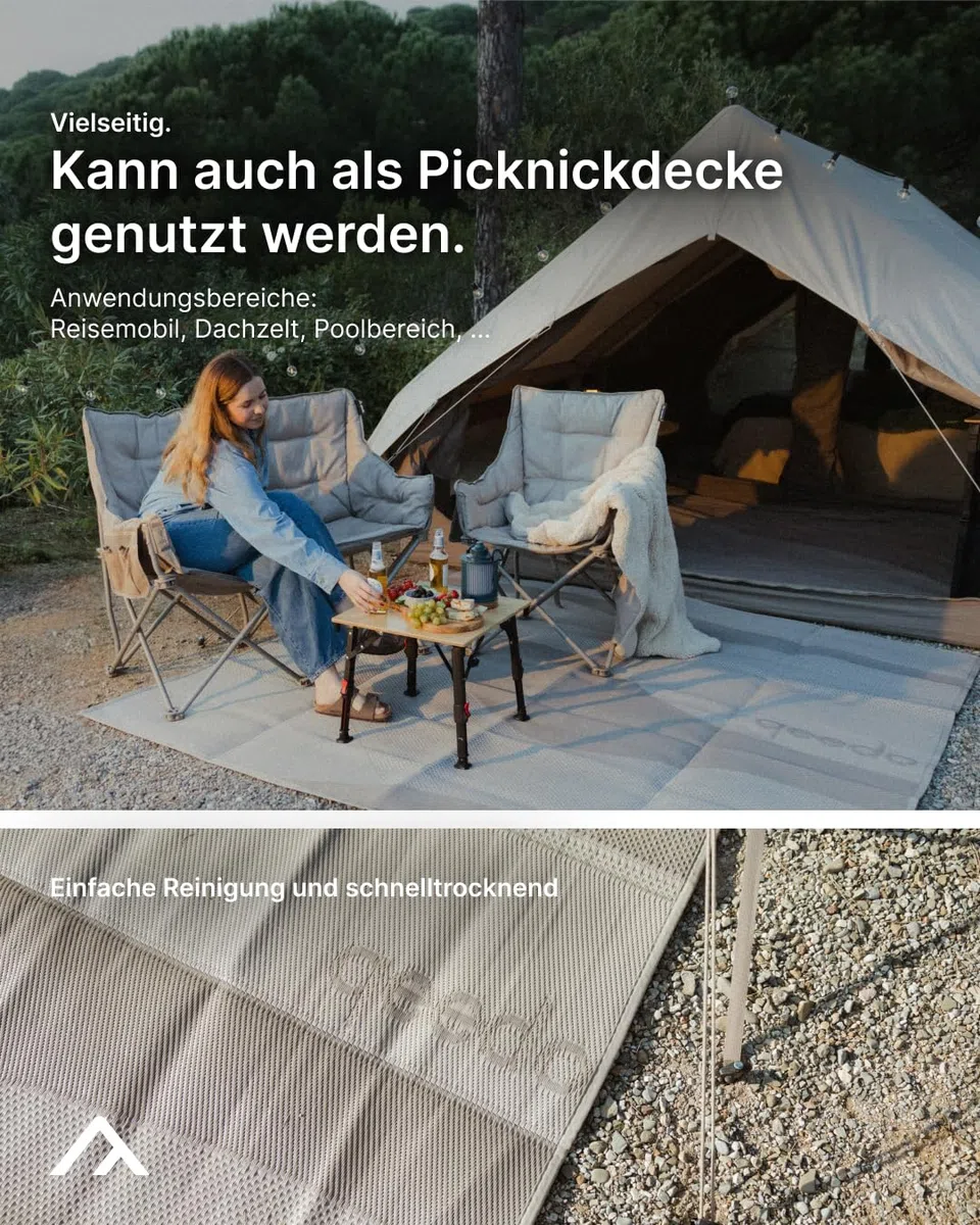 qeedo Outdoor Teppich wetterfest 3 x 2 m - Vorzeltteppich mit Heringen & Tragetasche - Campingteppich UV50+ mit 3.000 mm Wassersäule - Unterlage für Zelt, Wohnmobil & Vorzelt