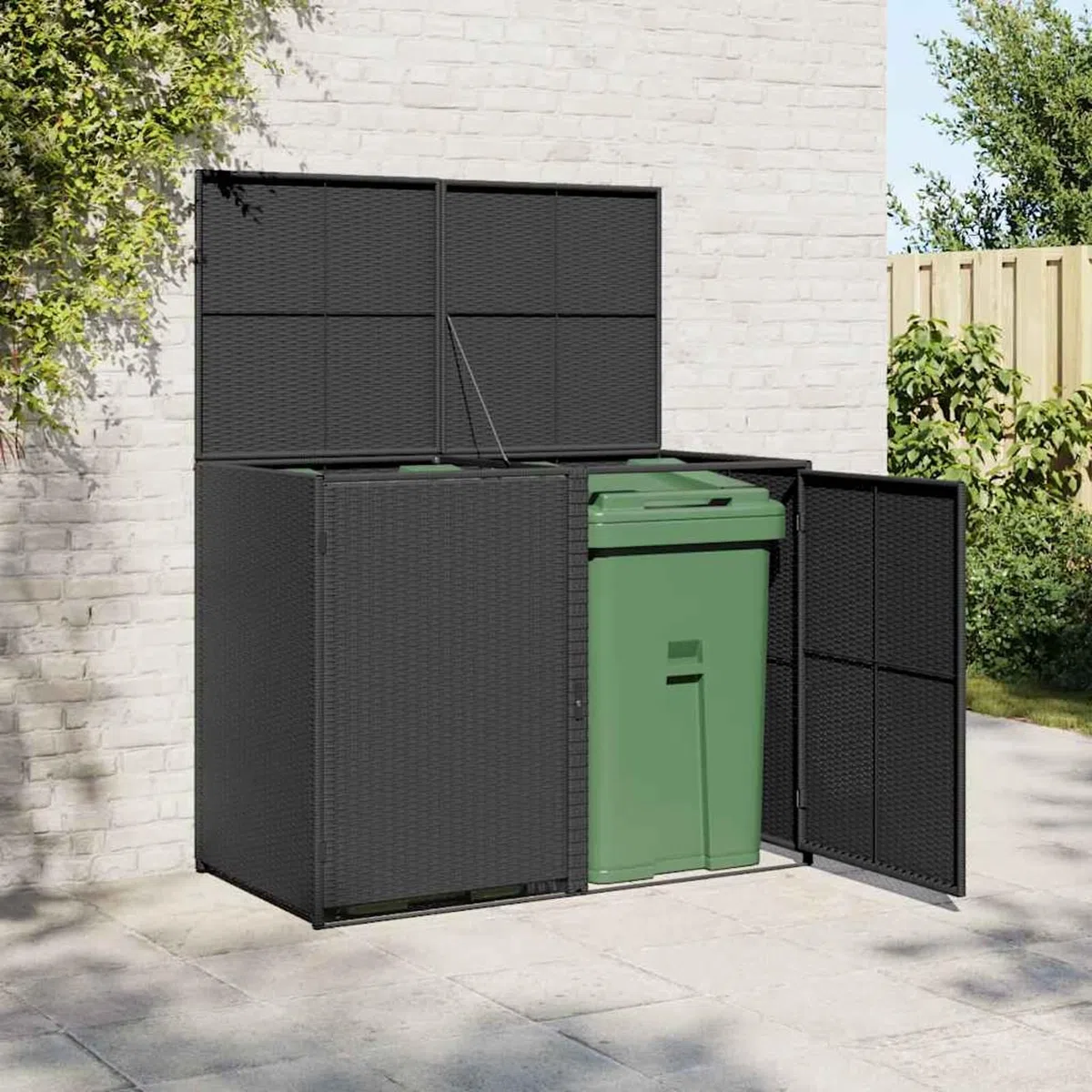 Homgoday 2-Tonnen-Mülltonnenbox aus PE-Rattan Schwarz 148x80x111 cm, ideal für Gartenlagerung und Verstecken von Abfalltonnen