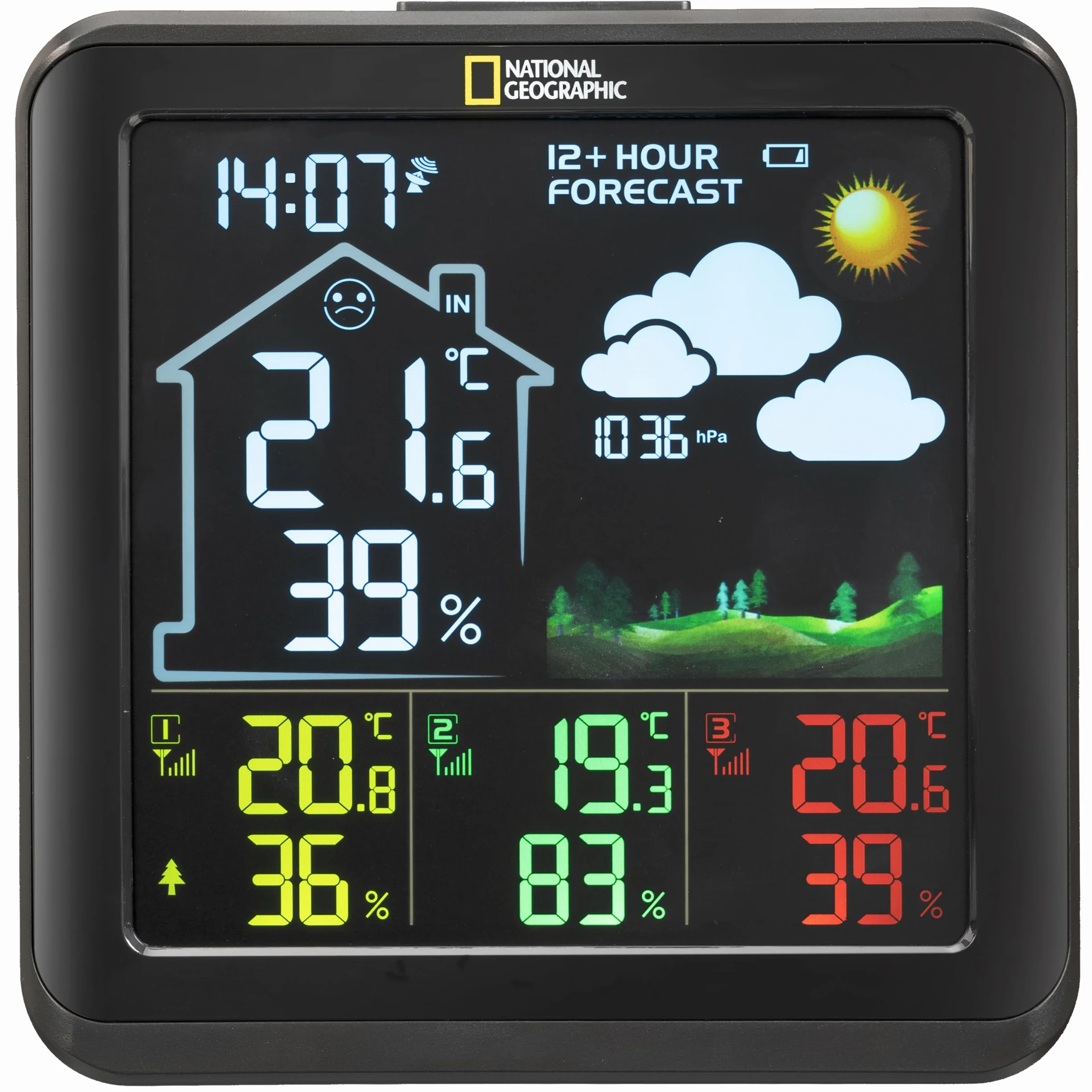 National Geographic 9070710 Wetterstation Funk mit Aussensensor VA Farb-Wetterstation mit 4 Messbereichen für Innen oder Außen, schwarz