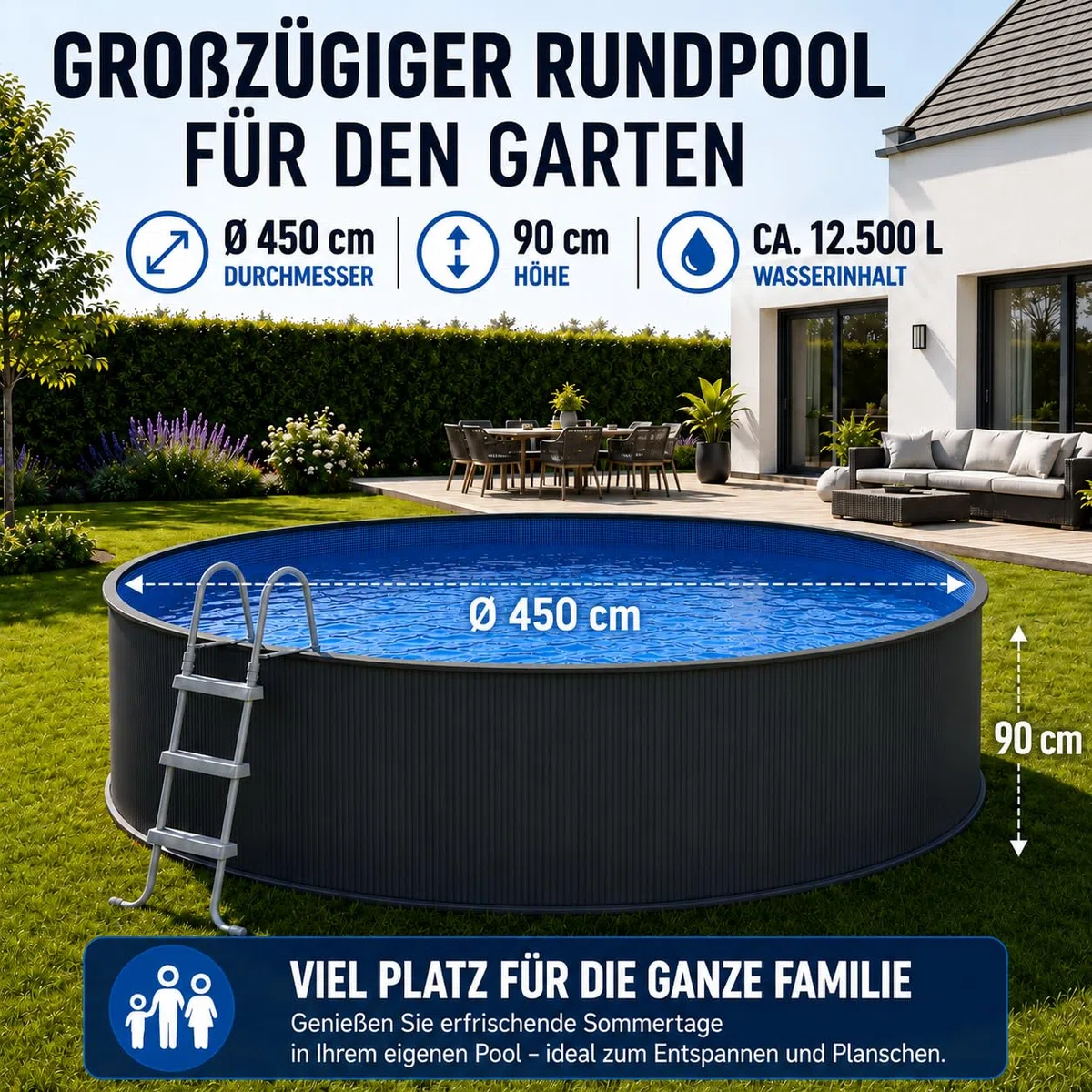 poolomio Stahlwandpool Set rund Ø 450 x 90 cm anthrazit 12.500 l mit Leiter | Komplettset mit Sicherheitsleiter, Kartuschenfilter & PVC-Innenfolie – Made in Europe nach EN 16562-1, einfacher DIY-Aufbau
