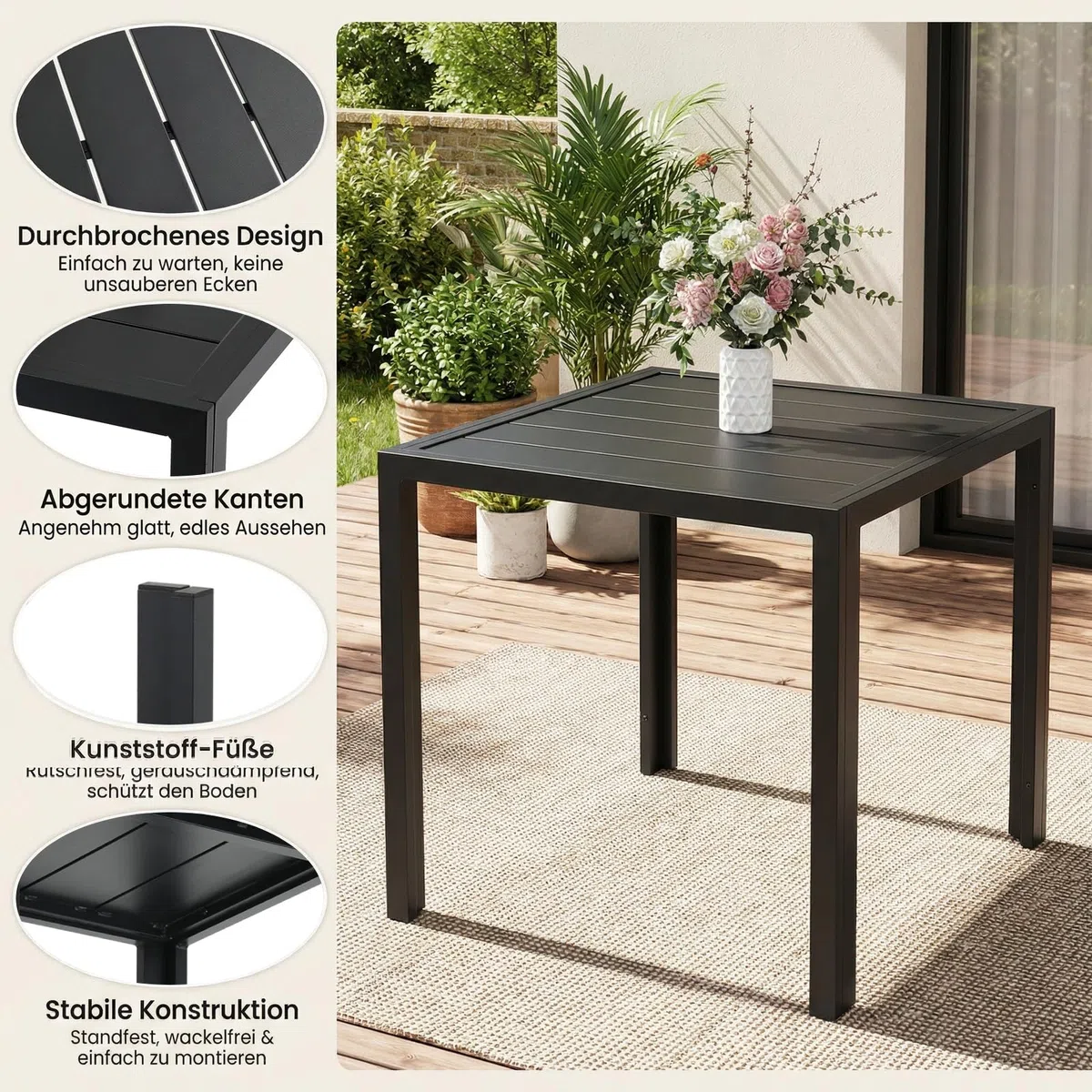 LIFERUN Gartentisch Wetterfest klein, 75x75 cm Aluminium Balkontisch | Outdoor Quadratisch Terrassentisch Vollmetalltisch für Garten, Terrasse und Balkon, Schwarz (11 cm schmales Brett)