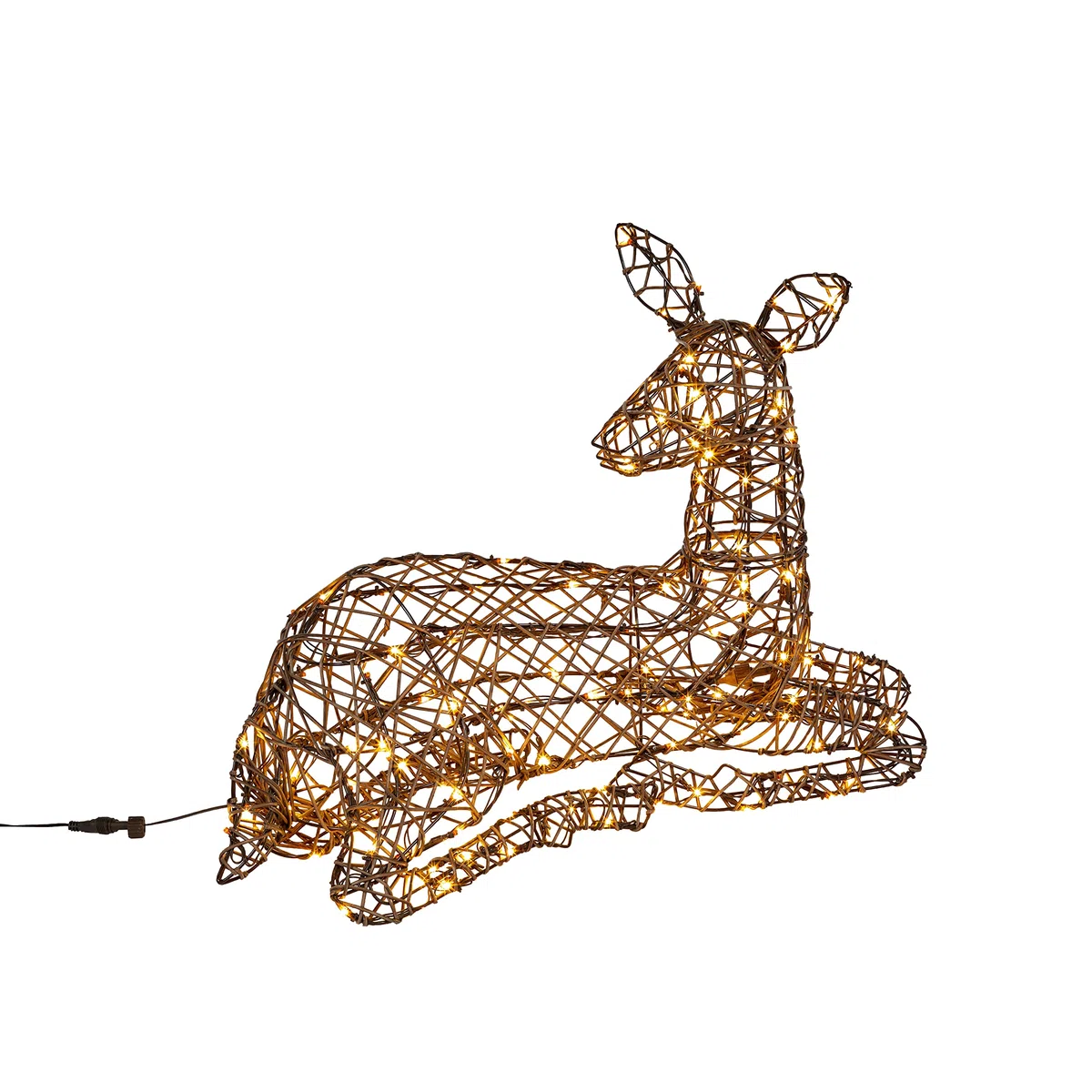 Lights4fun Liegendes Studley-Rentier Hirschkuh | mit warmweißen LEDs | Weihnachtsdekoration Kunstrattan REH Figur für Weihnachten | für innen und außen Garten | mit Netzkabel | [Energieklasse A]