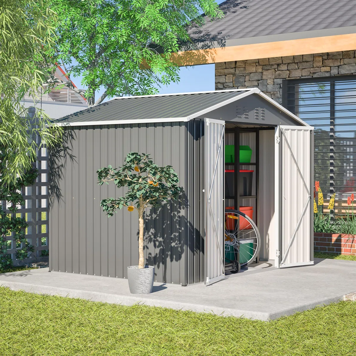 Metall Gerätehaus, Outdoor Gartenhaus mit Satteldach Belüftung,XXL | Für GartenGeräteschuppen mit Satteldach & 2 Türen, Gartenmöbel Wetterfest Wasserdicht für Terrasse, 240x192x191 cm, Grau