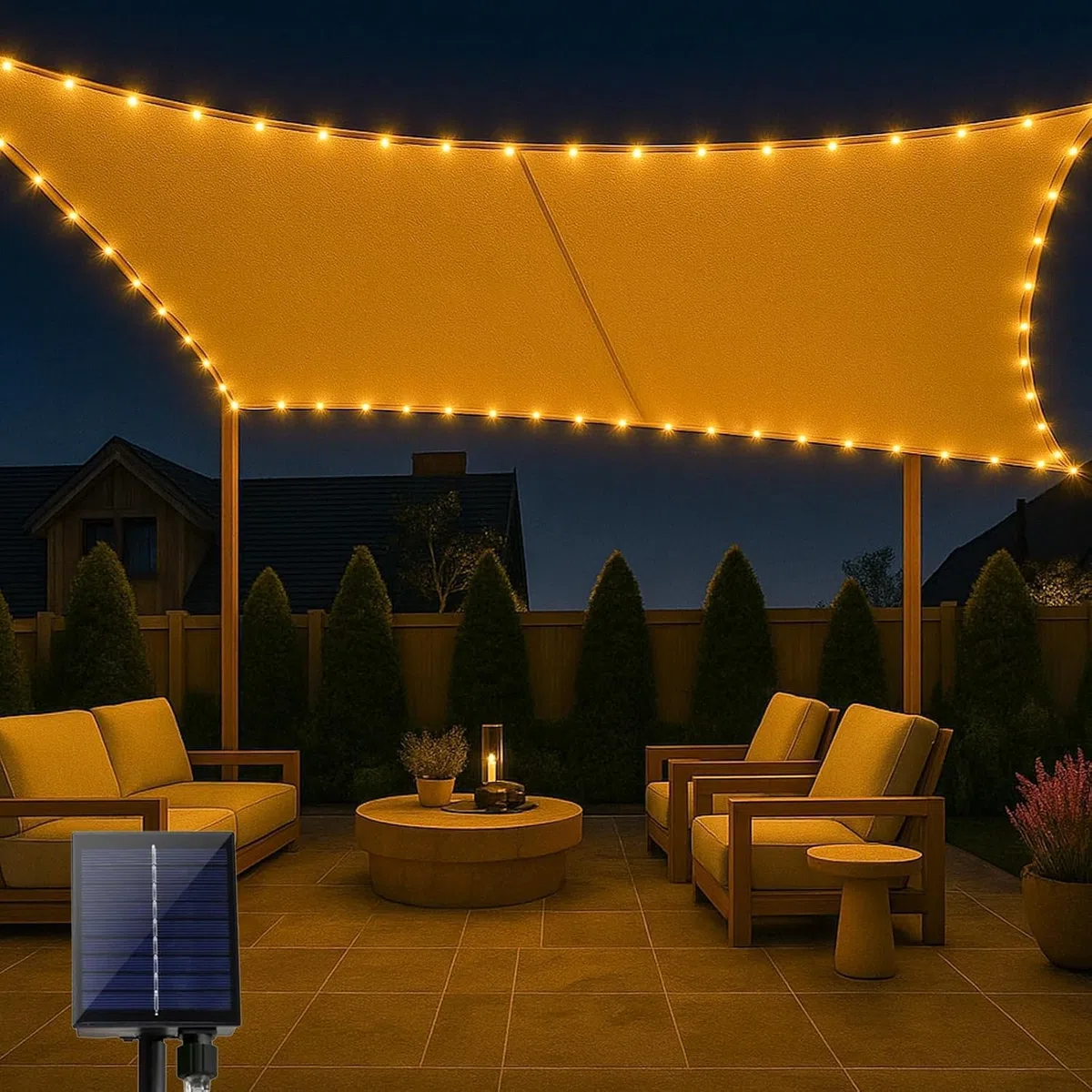 ABIUBIU wasserdichte-Sonnensegel 3x4m mit eingebauter LED-Solar-Lichterkette, 98% UV-Schutz, reiBfest, wetterfest, für Terrasse-Garten-Terrasse-Rasen（Beige）