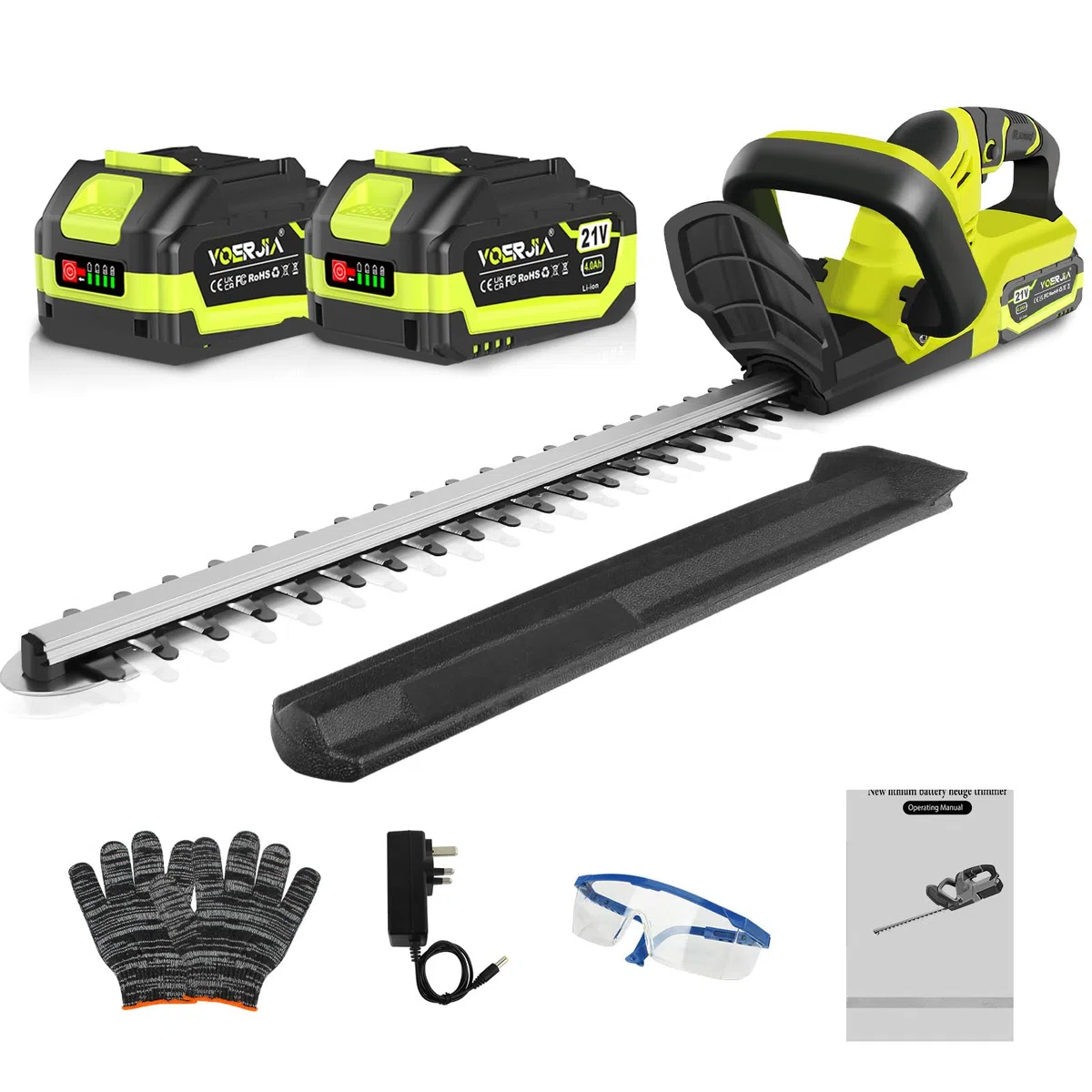 VOERJIA Akku Heckenschere 21V mit 2 Akkus, 50cm Messer, 15mm Schnittkapazität, Leistungsstarker bürstenloser Motor für Hecken am Zaun, Vorgarten & präzisen Formschnitt (Profi-Set)
