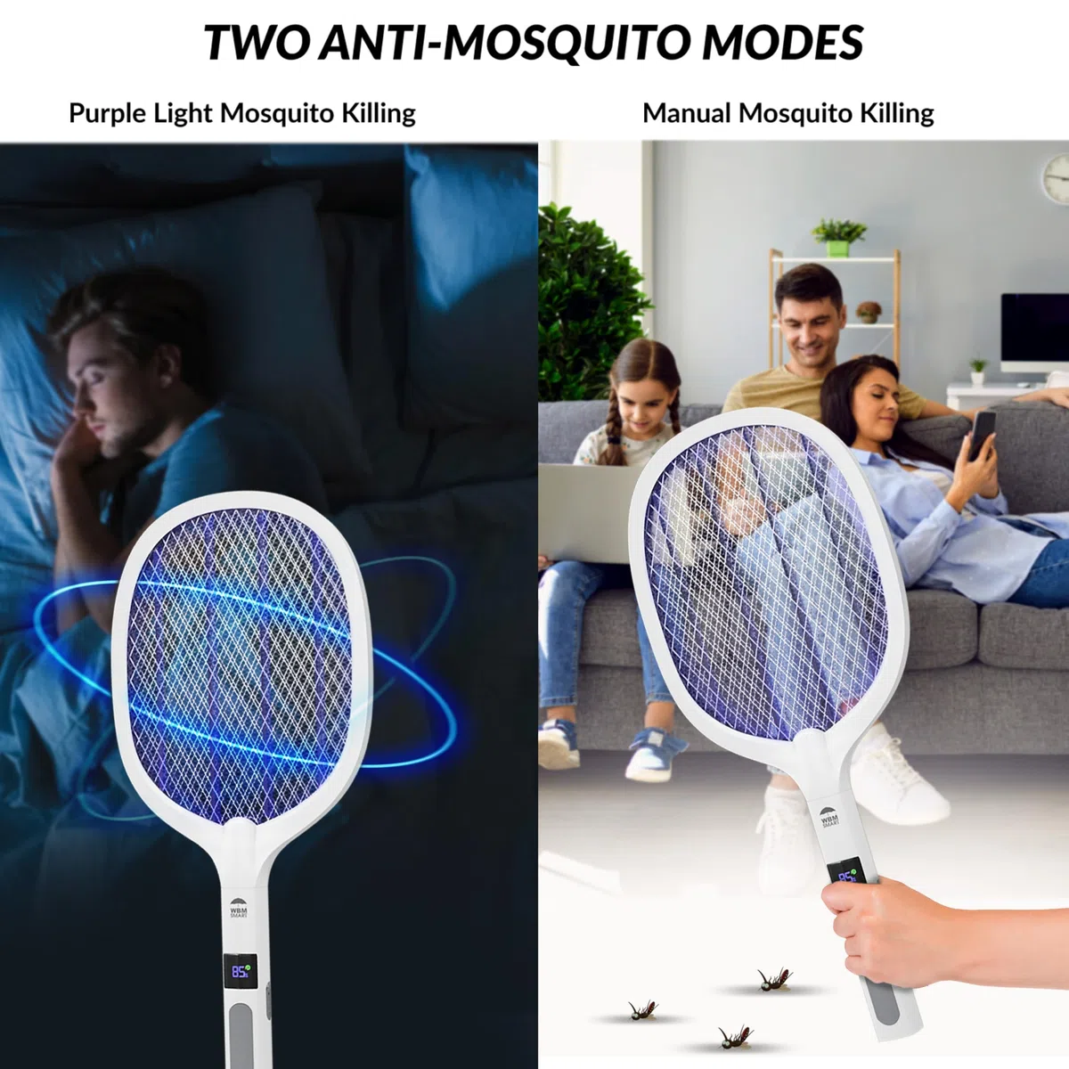 WBM SMART 2 in 1 Elektrischer Insektenvernichter, Mückenfalle Lampe & Schläger, USB Wiederaufladbare Elektrische Fliegenklatsche für Zuhause und Draußen, Leistungsstarkes Gitter, 3-lagiges