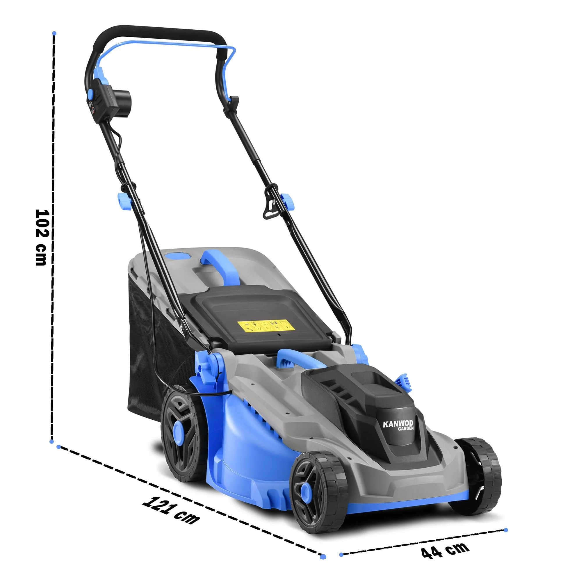KANWOD Elektro Rasenmäher, 1600 W, 38 cm Schnittbreite, 5-stufige Schnitthöhenverstellung 30-75 mm, 42 L Grasfangkorb, 3400 U/min, empfohlen für Rasenflächen bis 1000 m², Grau/Blau