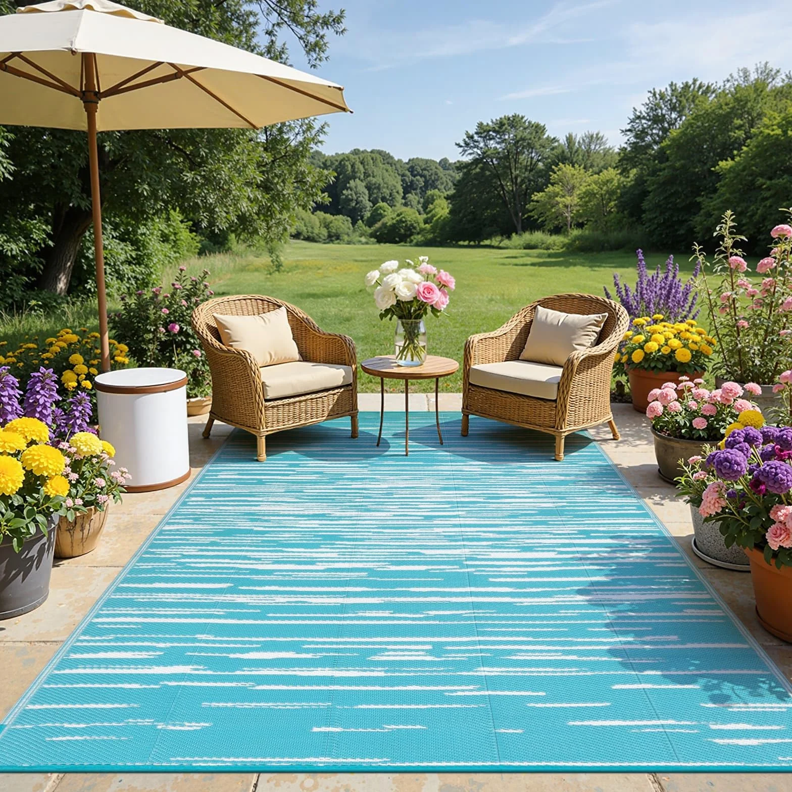 SHACOS Outdoor Teppich Wetterfest Türkis 180x270 cm Außenteppich Balko Teppich Waschbar Picknickdecke Wendbar UV-beständig Kunststoffteppich für Terrasse Camping Garten Pool