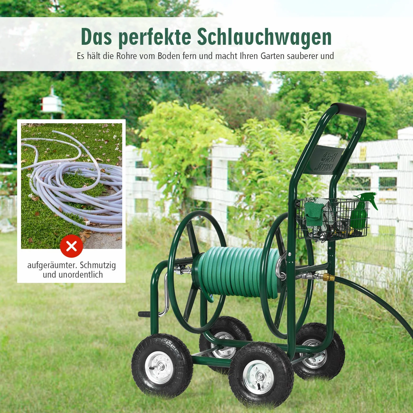 GOPLUS Schlauchwagen, Gartenschlauchwagen für 5/8" Schlauch bis 80m, Schlauchtrommel mit Korb & Gummireifen, Schlauchaufroller, aus Metall, grün, 95 x 62 x 113cm