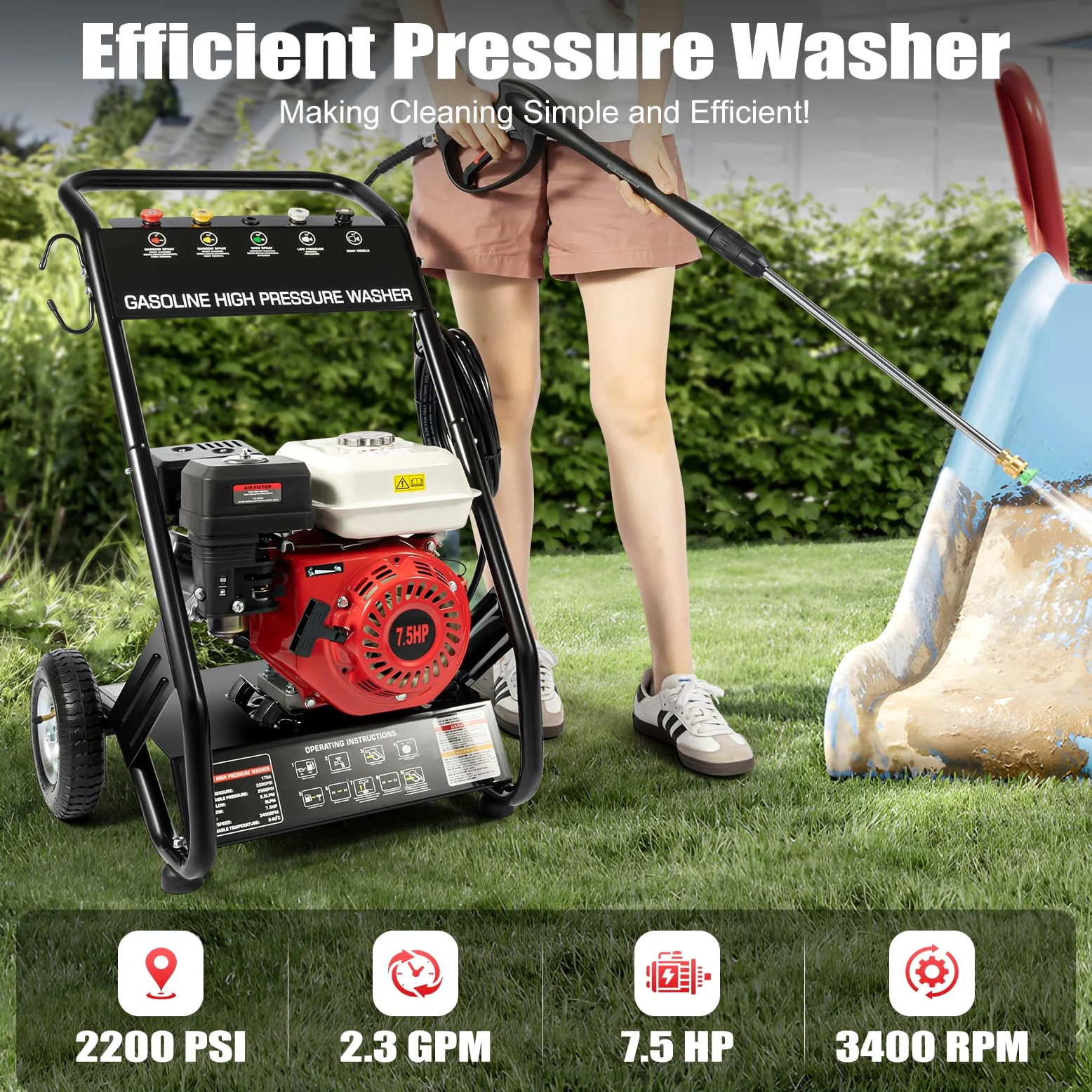 MINRS 4-Takt Benzin Hochdruckreiniger 7,5PS Haute Pression Benzinmotor Flächenreiniger Benzin Reinigungsmaschine mit 5 Düsenaufsätze, 8m Schlauch, 2m Wasserzulaufschlauch, 170-190 Bar