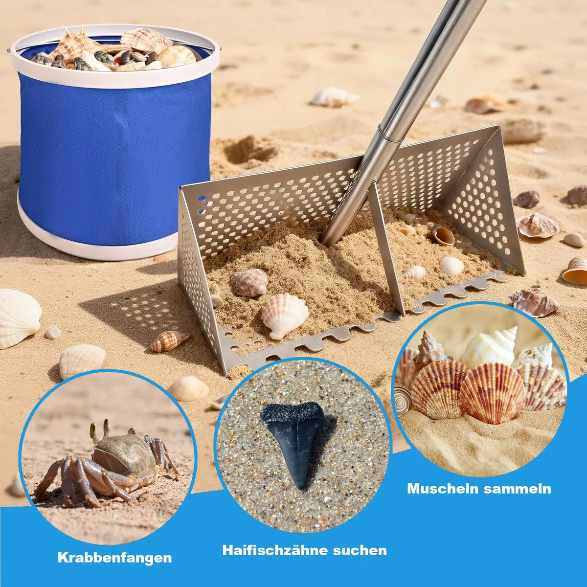 Sand Flohrechen Set, Edelstahl Strandsand Sieb, Abnehmbarer Langer Griff | mit Eimer, Handschuhe, Schaufel, Räder, Sandflohsieb Scharfen Zähnen Strandrechen, Sandflohharke Strand Sandsieb für Meerjagd