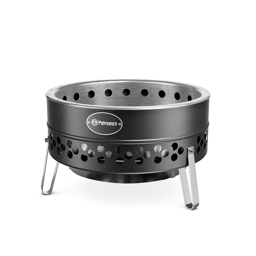 Petromax Tyropit Feuerschale - Edelstahl Feuerkorb mit Hitzeschild | Rußarmer Holzvergaser für Garten und Camping, inklusive Ascheschale und Kohlerost, 34,9 x 57 cm, raucharmer Betrieb