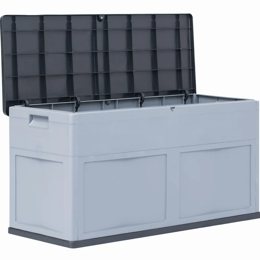 Générique Aufbewahrungsbox für den Garten, 320 Liter, grau schwarz, robuste Kunststoffbox für Kissen, Decken und Werkzeug, Innen- und Außenbereich, zeitloses Holzdesign