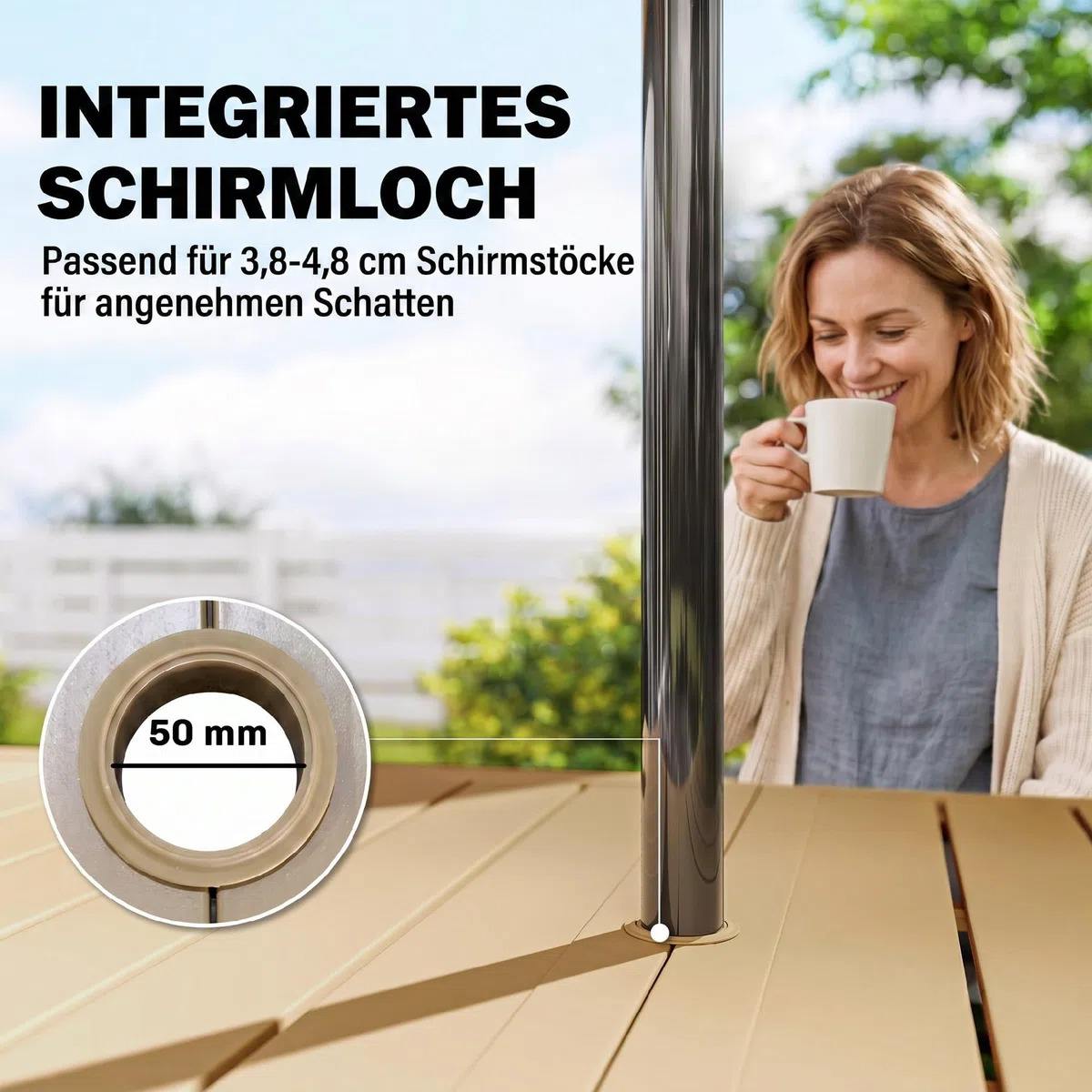 Outsunny Gartentisch 150x90cm Wetterfest Balkontisch mit Schirmloch Braun | Aus Stahl, Lamellendesign, Outdoor Campingtisch, Beistelltisch, Rechteckig, Terrassentisch für Garten Balkon