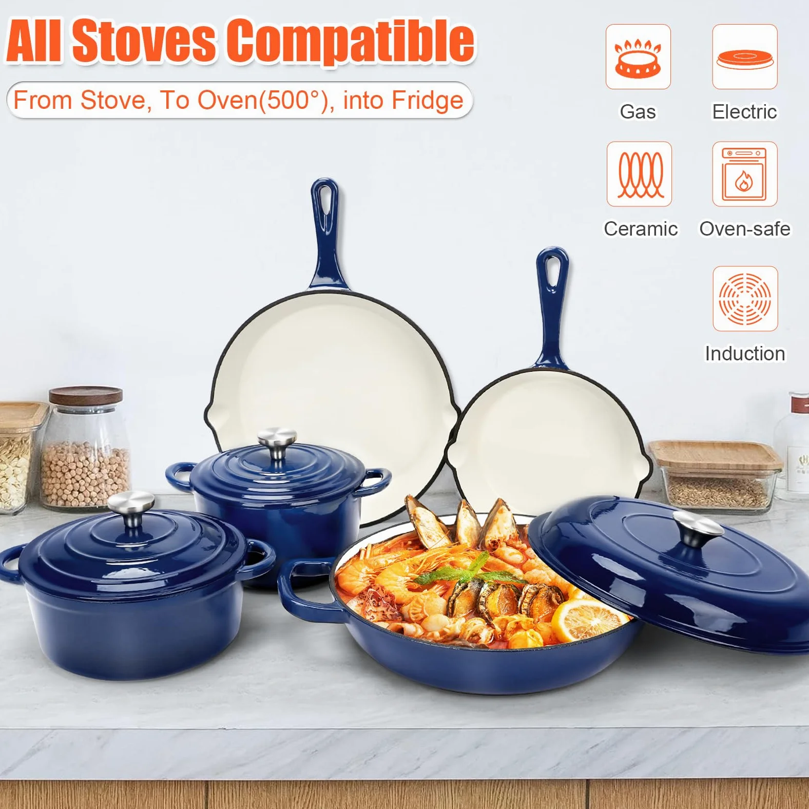 GFTIME Antihaft Emaille Gusseisen Kochgeschirr Set, 8 teiliges Töpfe und Pfannen mit Deckel, Bratpfanne, Schmortopf, Soßentopf, Runder Dutch Oven für Brotbacken auf allen Herdarten, Marineblau