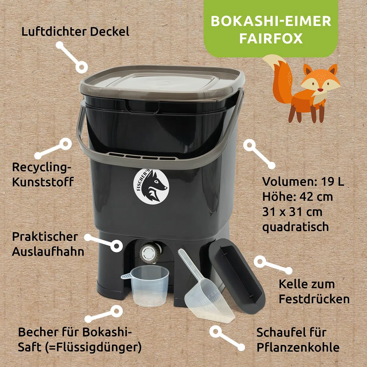 Bokashi Komposteimer Küche 2er Set [Geruchsdicht] 2 x 19 L Volumen, Küchenabfalleimer, Komposter mit Zubehör 1 L EM + 1 Kg Bokashi Ferment für Küchenabfall & Kompostieren | Biomülleimer
